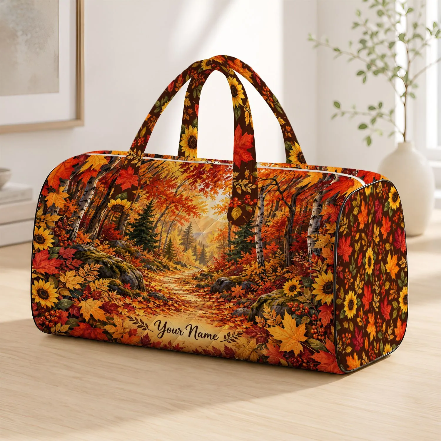 Autumn Forest Path and Sunflowers for Cozy Fall Getaways and Scenic Weekend Escapes Quilted Weekend Bag - 1