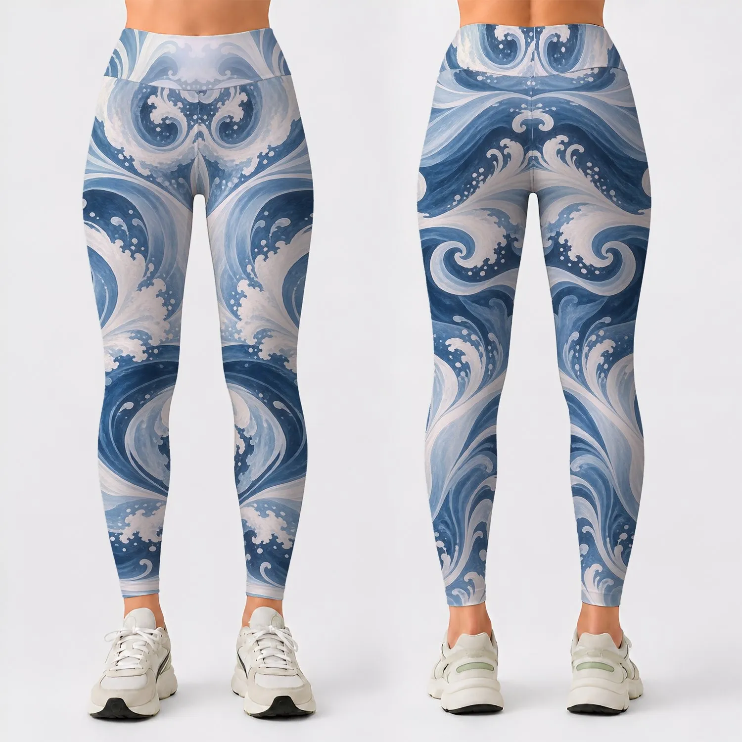 Blue White Swirling Waves for Yoga Pilates and Everyday City Style Leggings - 1