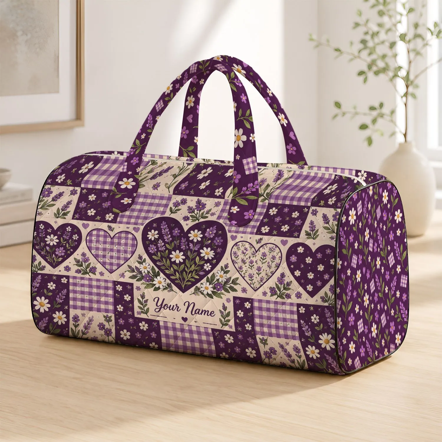 Purple Heart Patchwork with Wildflowers for Camping Trips and Weekend Escapes Quilted Weekend Bag - 1