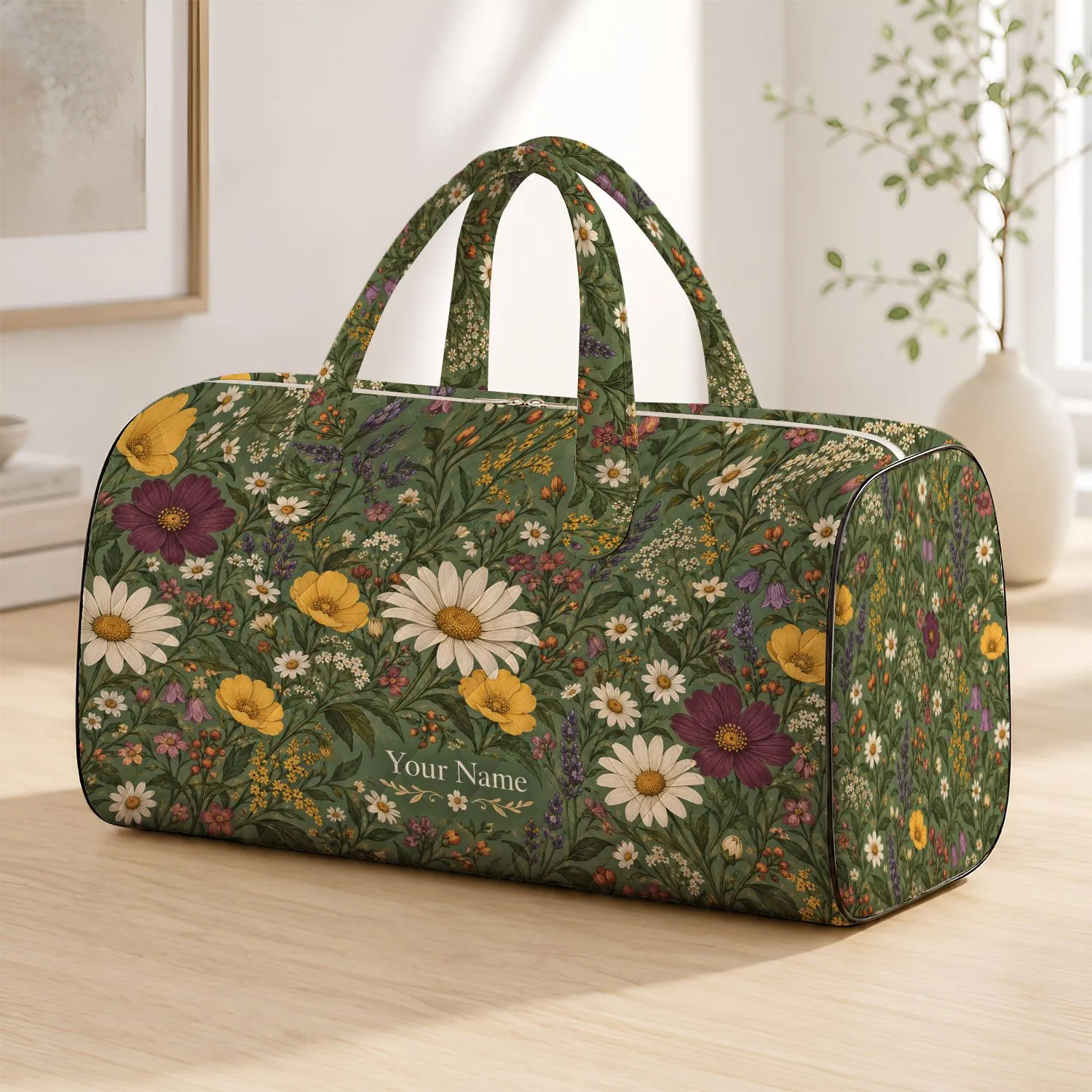 Sage Green Wildflowers for Relaxed Weekend Getaways and Beachside Travel Escapes Quilted Weekend Bag - 1