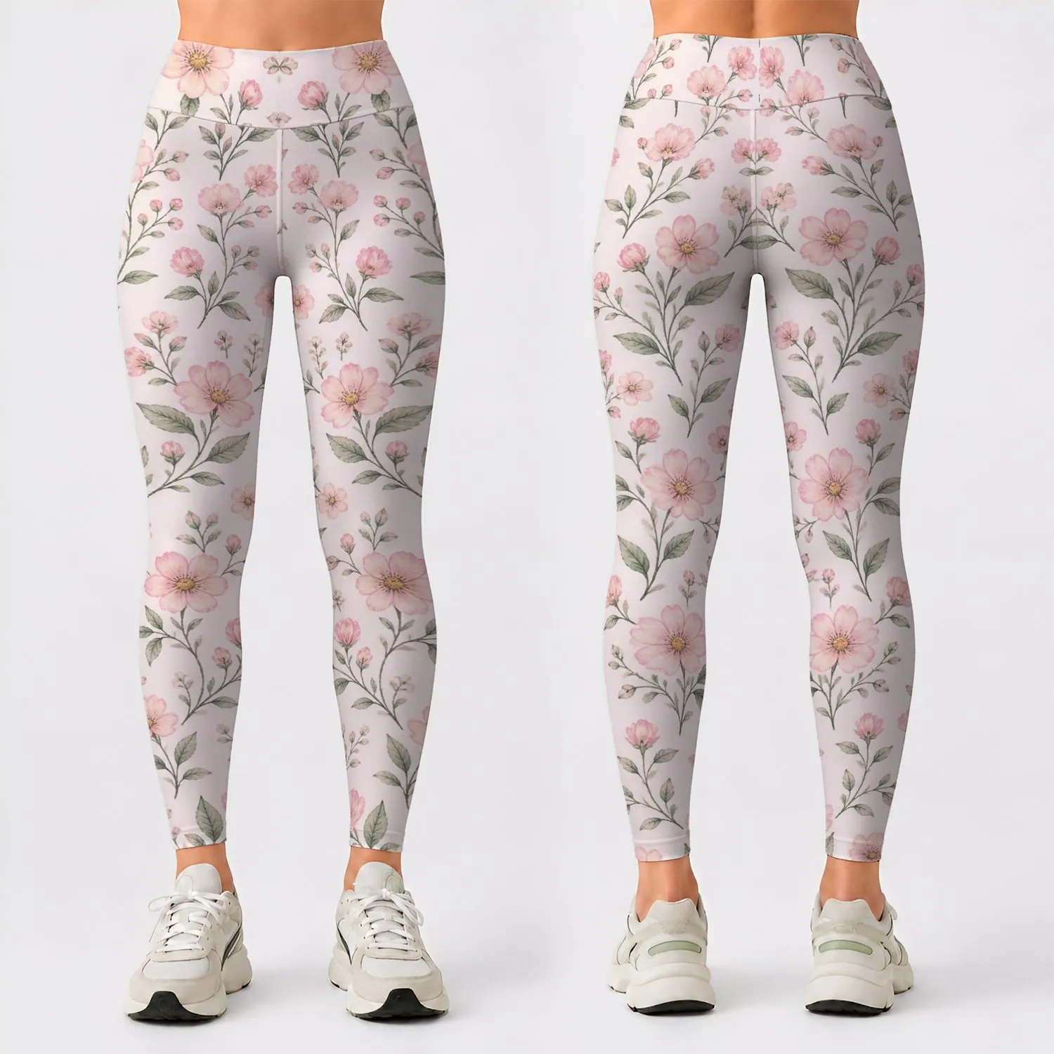 Blush Daisy And Sage Floral Motifs For Yoga Pilates And Everyday Wear Leggings - 1