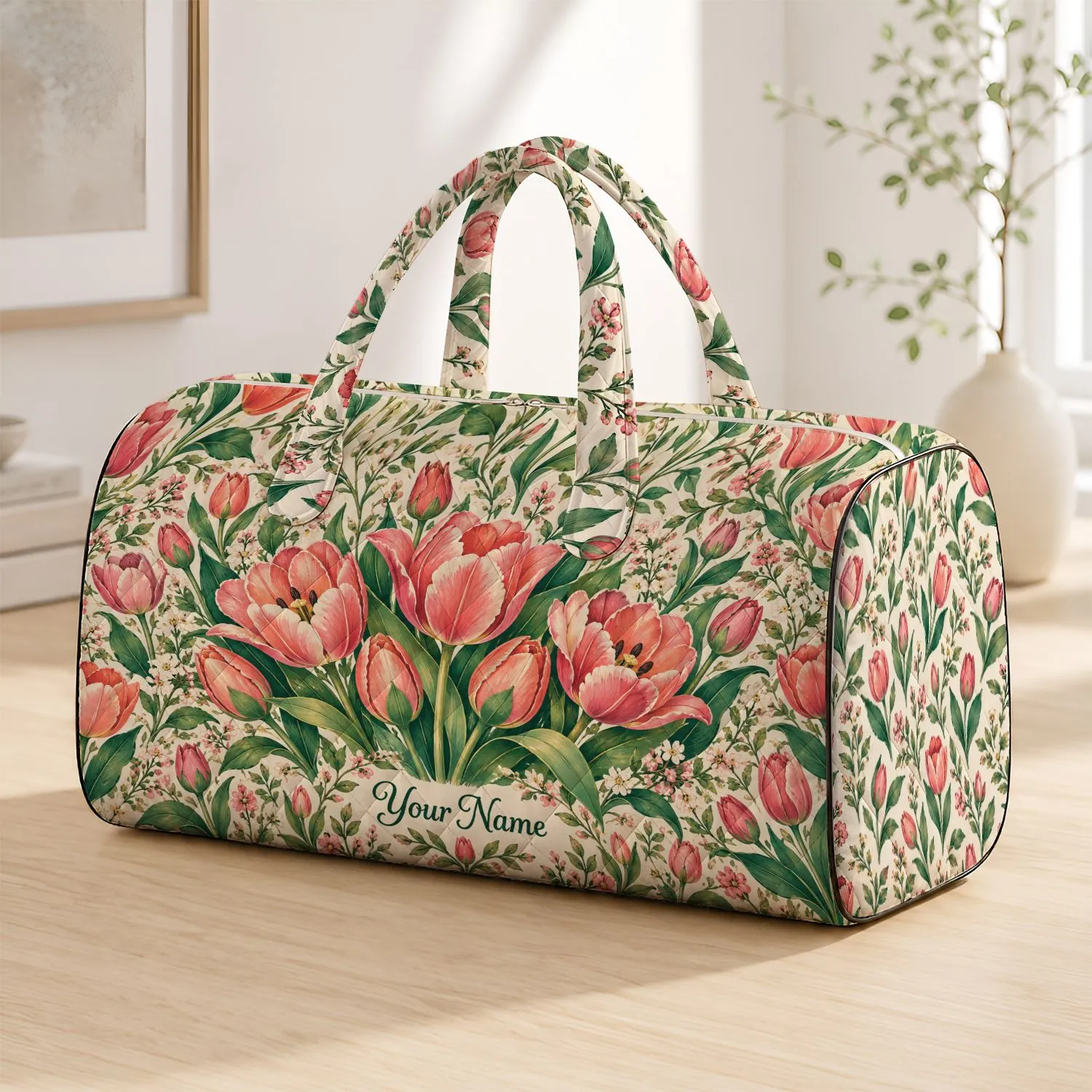 Pink Tulip Garden Blooms for Coastal Getaways and Relaxed Spring Travel for Her Quilted Weekend Bag - 1