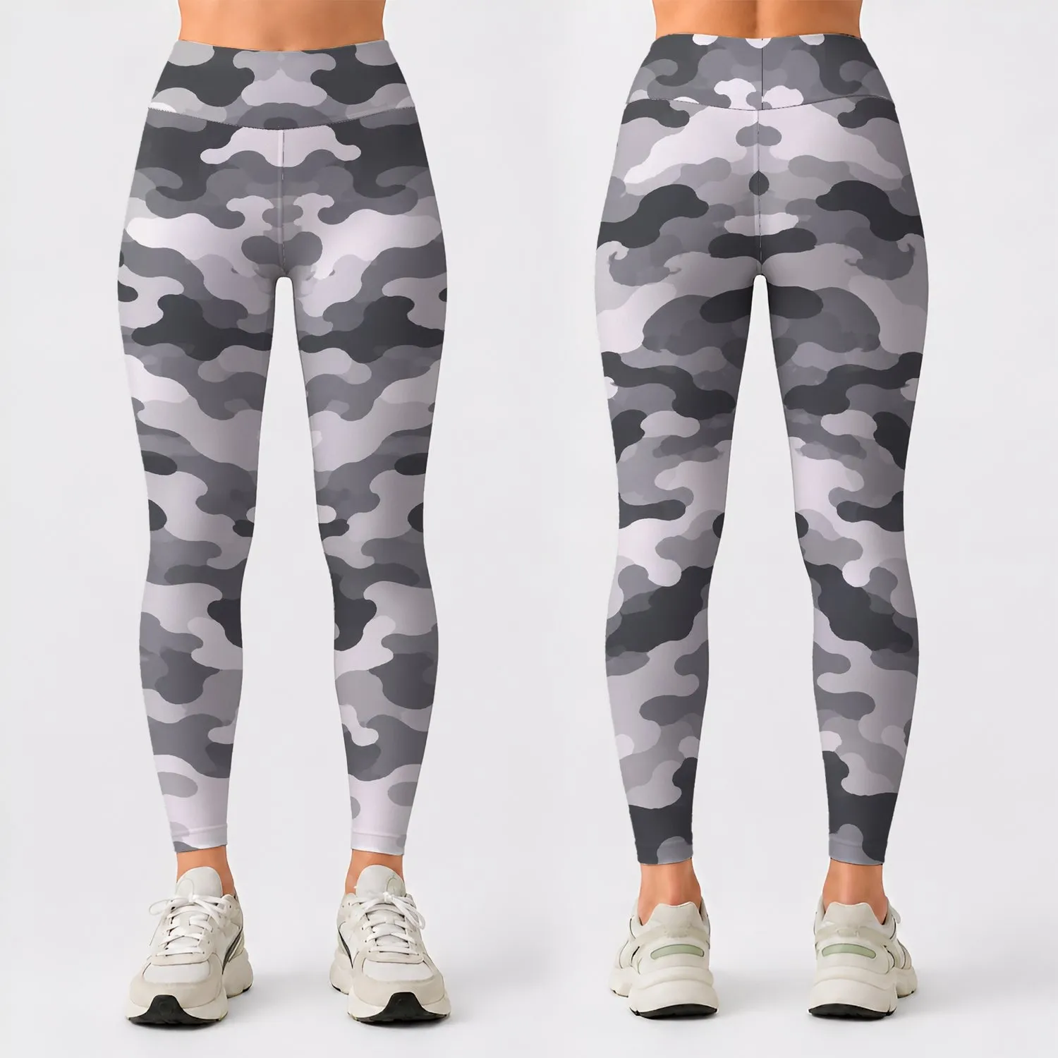 Gray White Camouflage Motif for Yoga, Pilates, Travel and Everyday Athleisure Style Leggings - 1