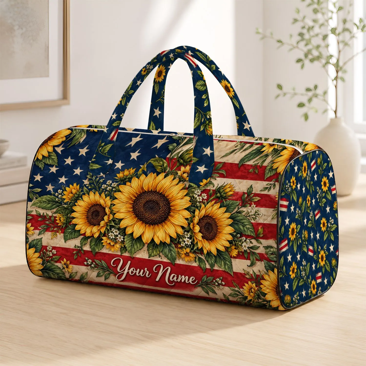 Sunflowers and Stars Americana Floral for Beach Trips and Summer Getaways Quilted Weekend Bag - 1