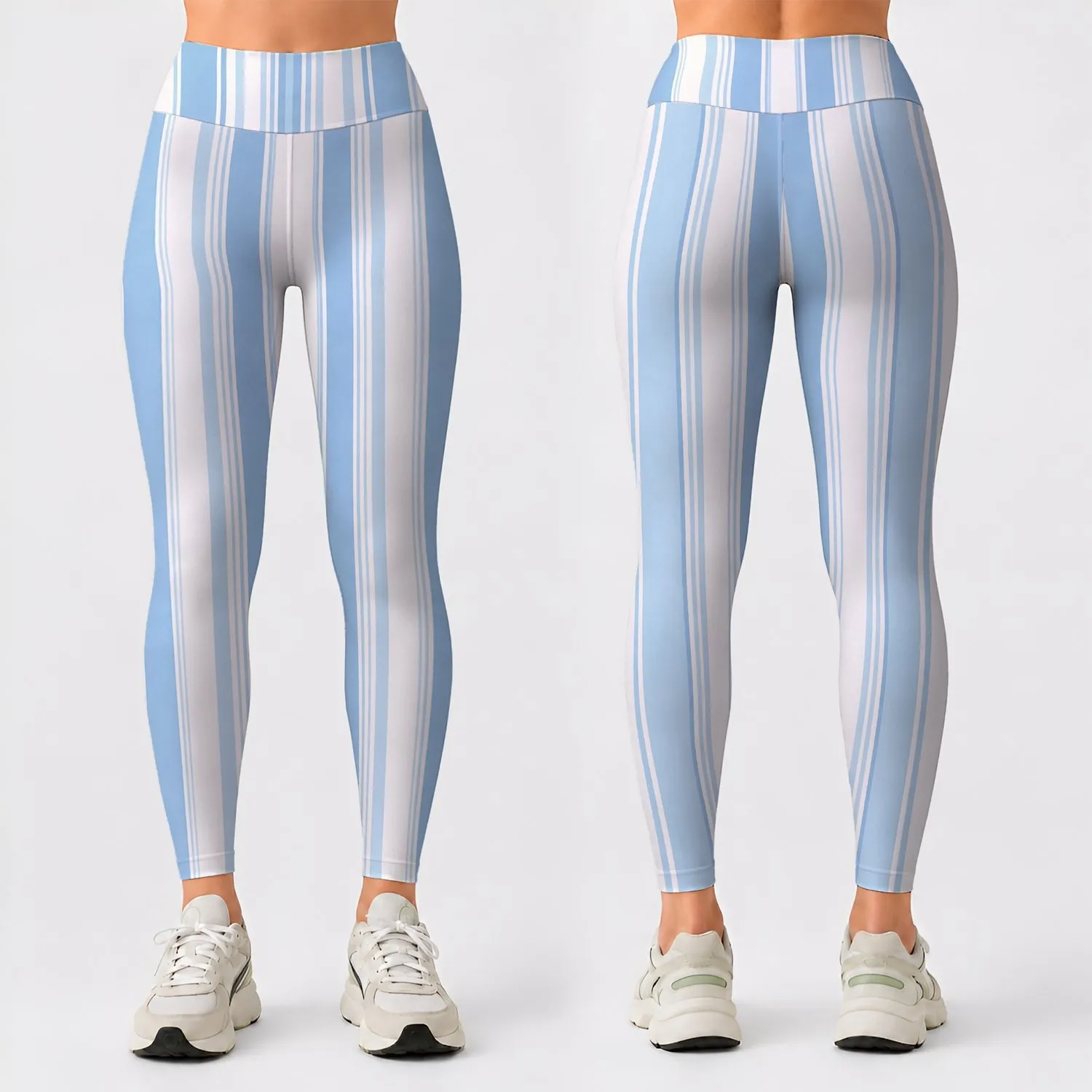 Powder Blue And Ivory Vertical Stripes For Yoga Pilates And Everyday Wear Leggings - 1