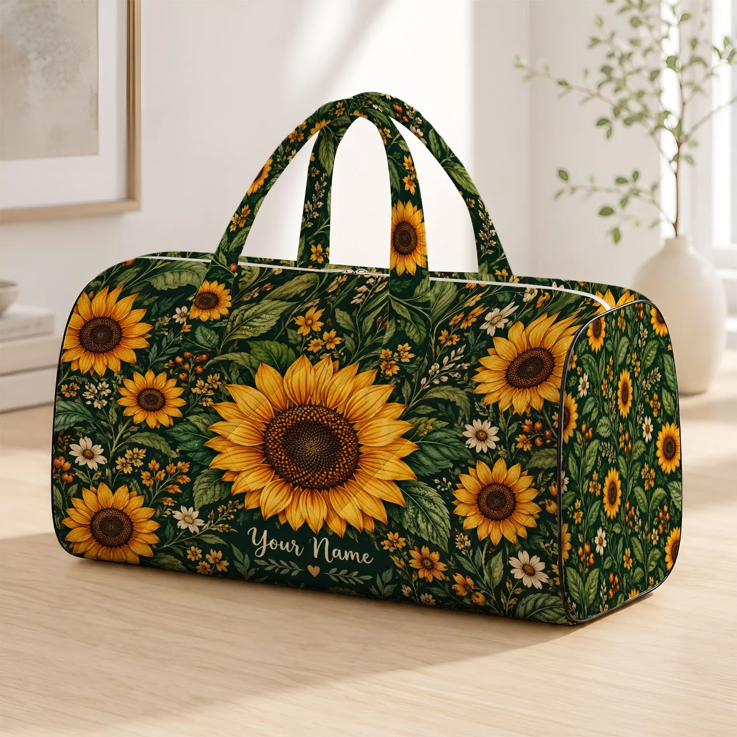 Bohemian Sunflowers and Green Leaves for Camping, Beach Days, and Weekend Getaways Quilted Weekend Bag - 1