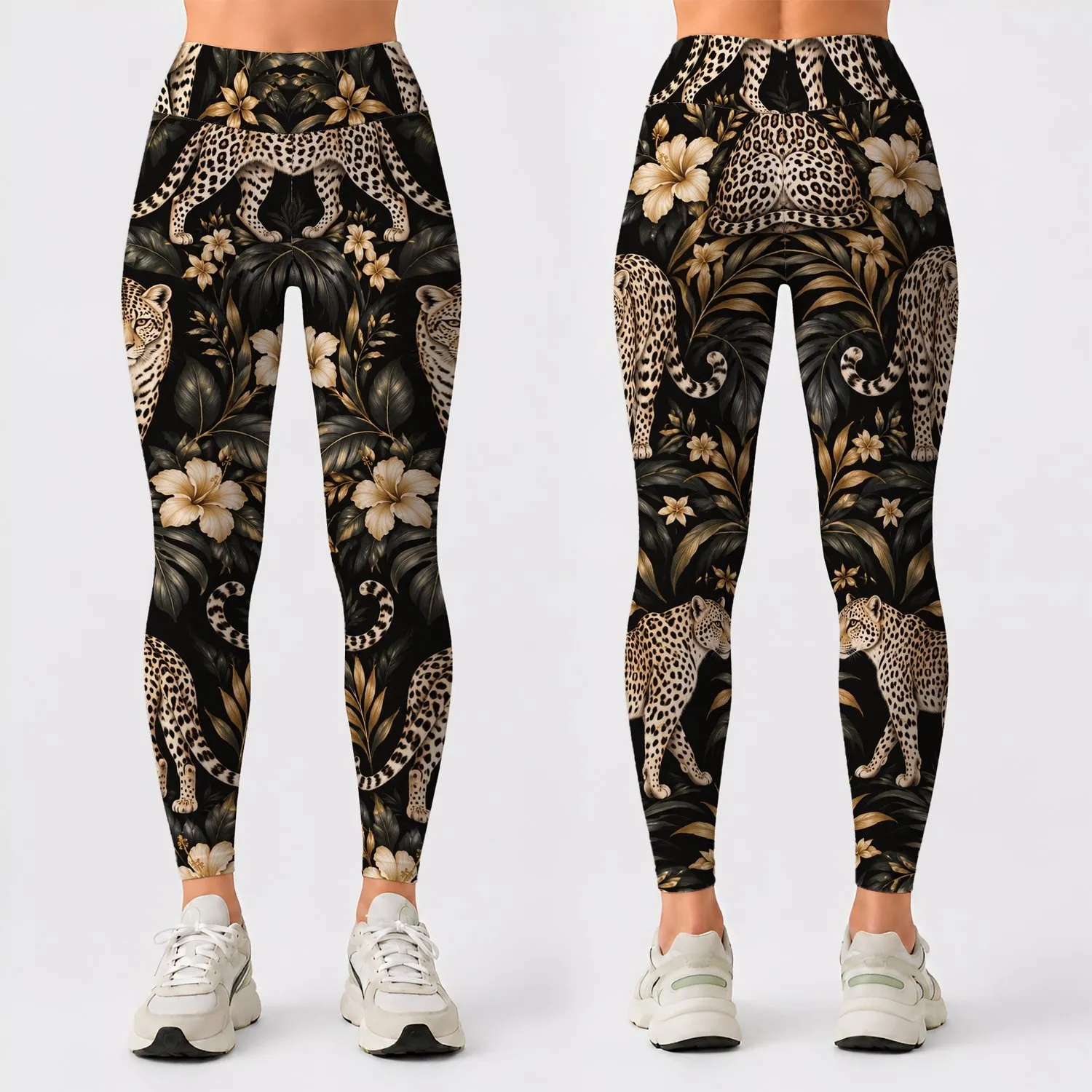 Cream Spotted Wild Cats on Charcoal for Yoga, Running and Everyday Activewear Style Leggings - 1