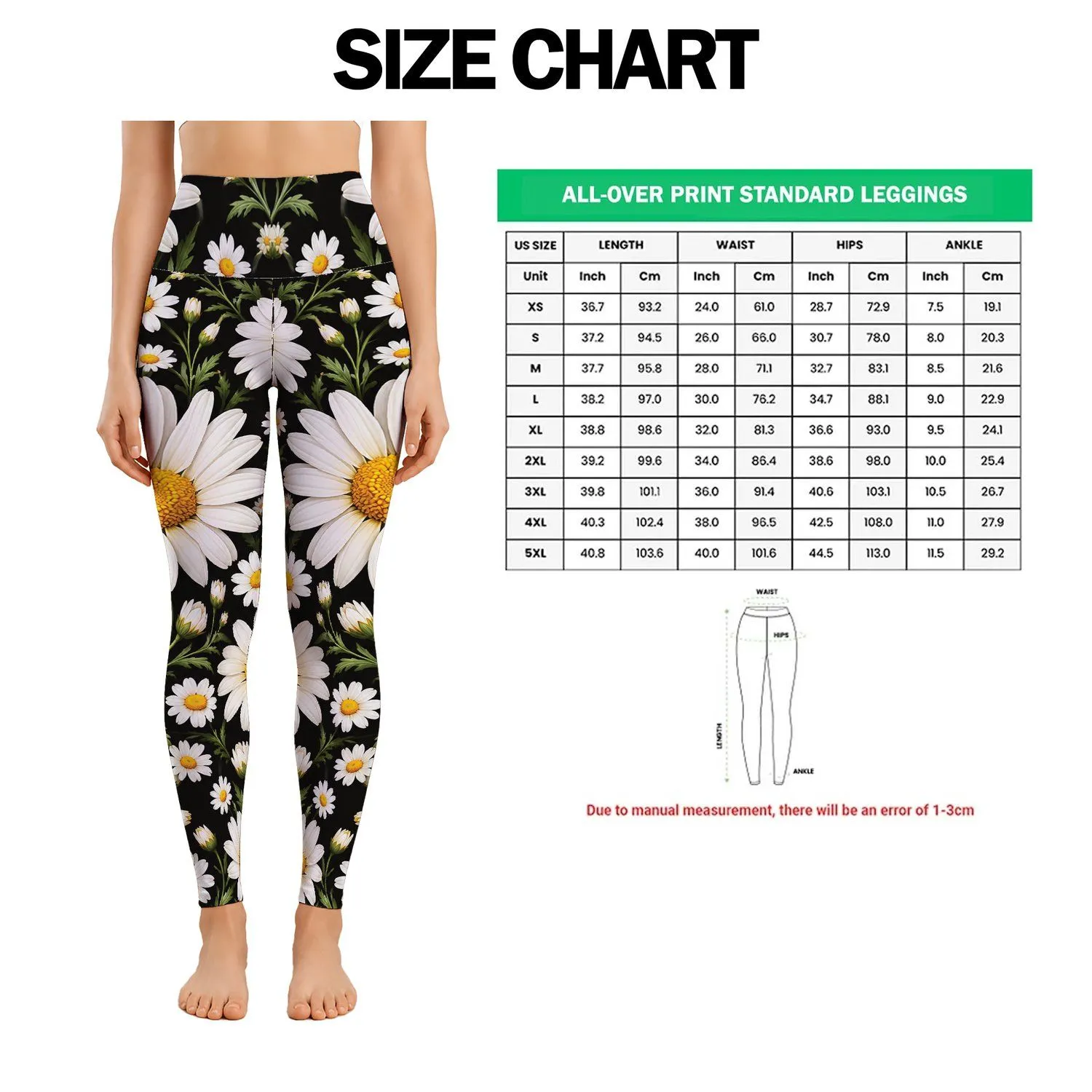 White Daisy Blooms on Charcoal for Yoga, Running and Everyday Activewear Style Leggings - 1