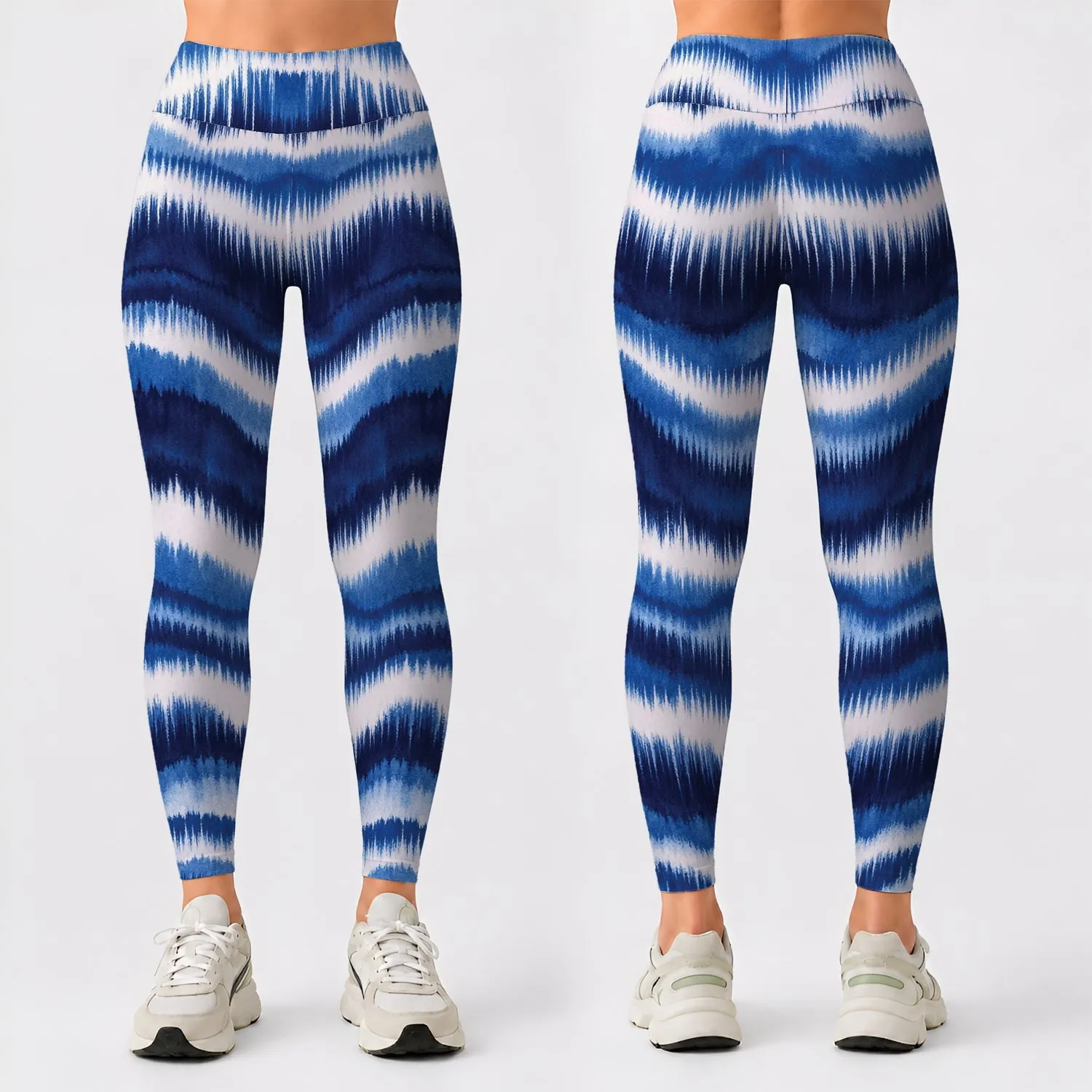 Indigo White Ikat Waves for Yoga, Pilates, Travel and Everyday Activewear Leggings - 1