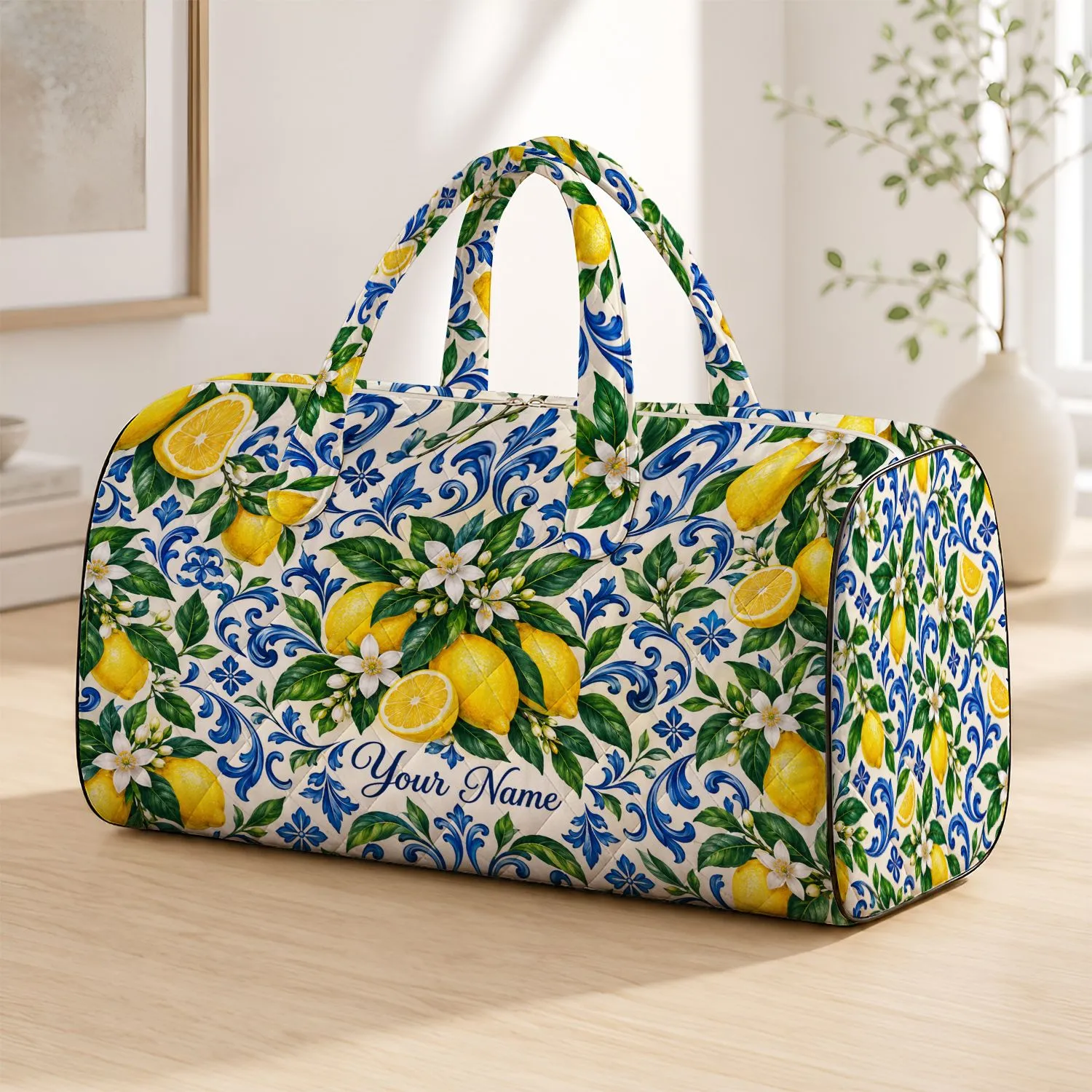 Sunny Lemon Citrus And Blue Baroque Flourishes For Relaxed Coastal Holiday Escapes Quilted Weekend Bag - 1