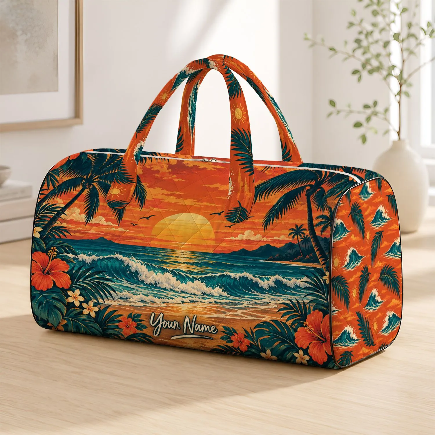 Retro Palm Sunset and Ocean Waves for Beach Getaways and Tropical Travel Quilted Weekend Bag - 1