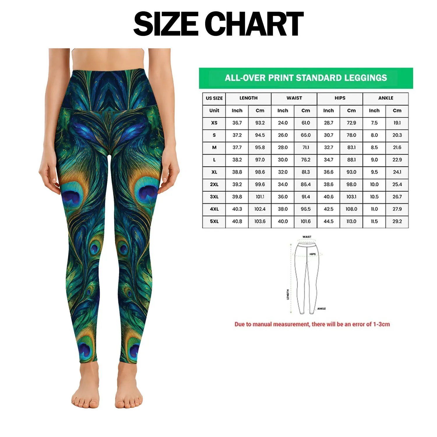 Teal and Emerald Peacock Feather Motifs for Yoga, Pilates and Everyday Wellness Style Leggings - 1