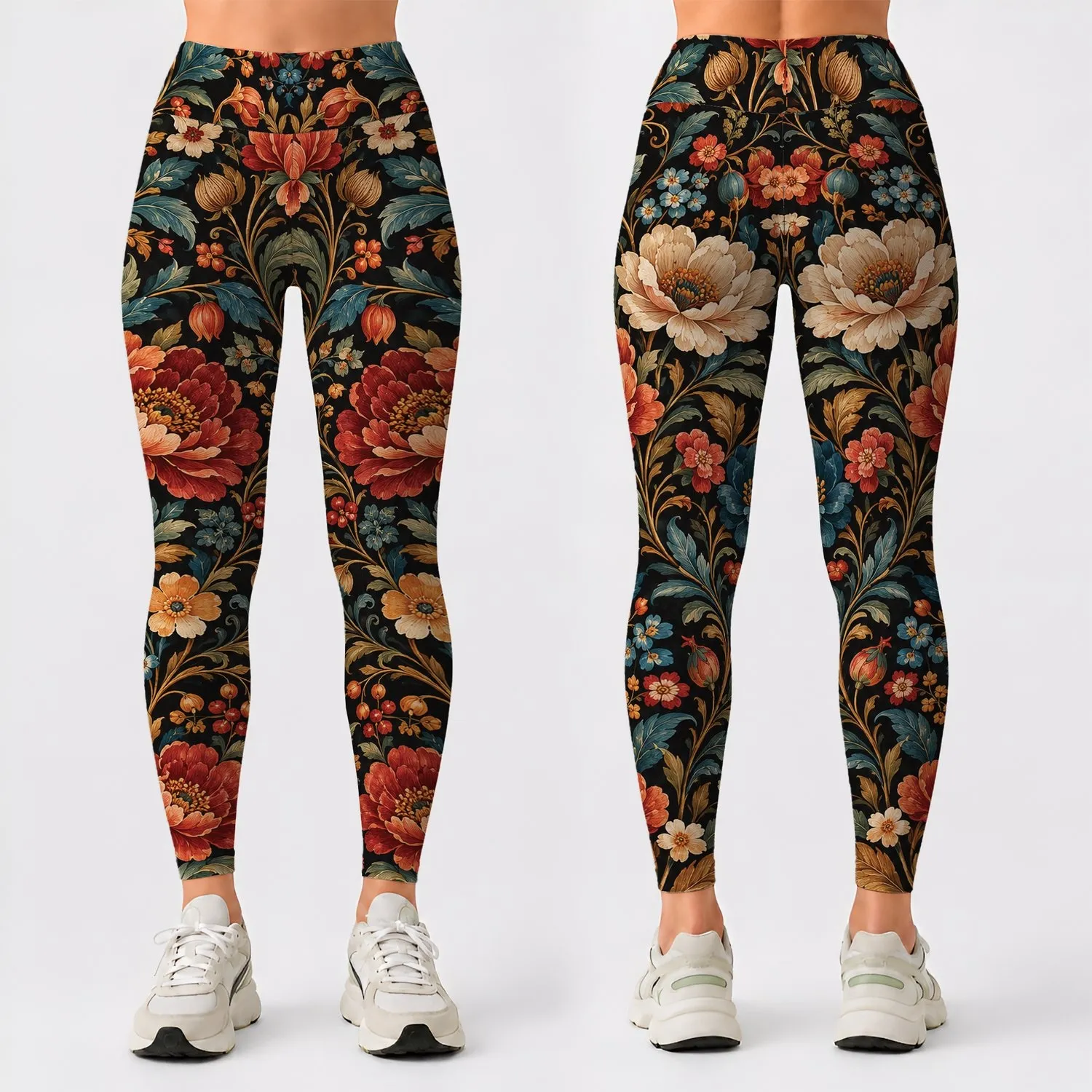 Vintage Teal And Rust Garden Florals For Yoga, Fitness, And Everyday Movement Leggings - 1