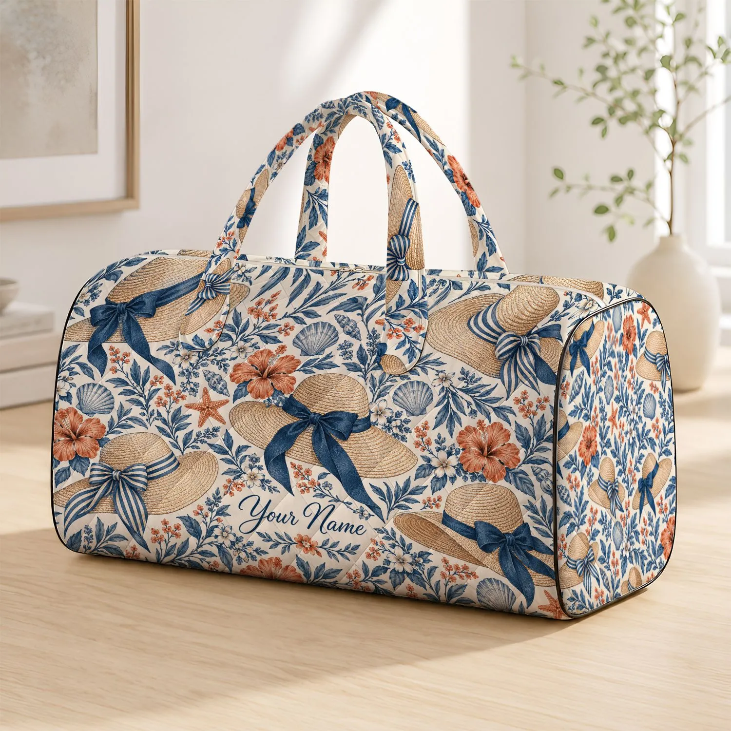 Vintage Blue Sun Hats and Botanicals for Bohemian Beach Getaways and Coastal Escapes Quilted Weekend Bag - 1
