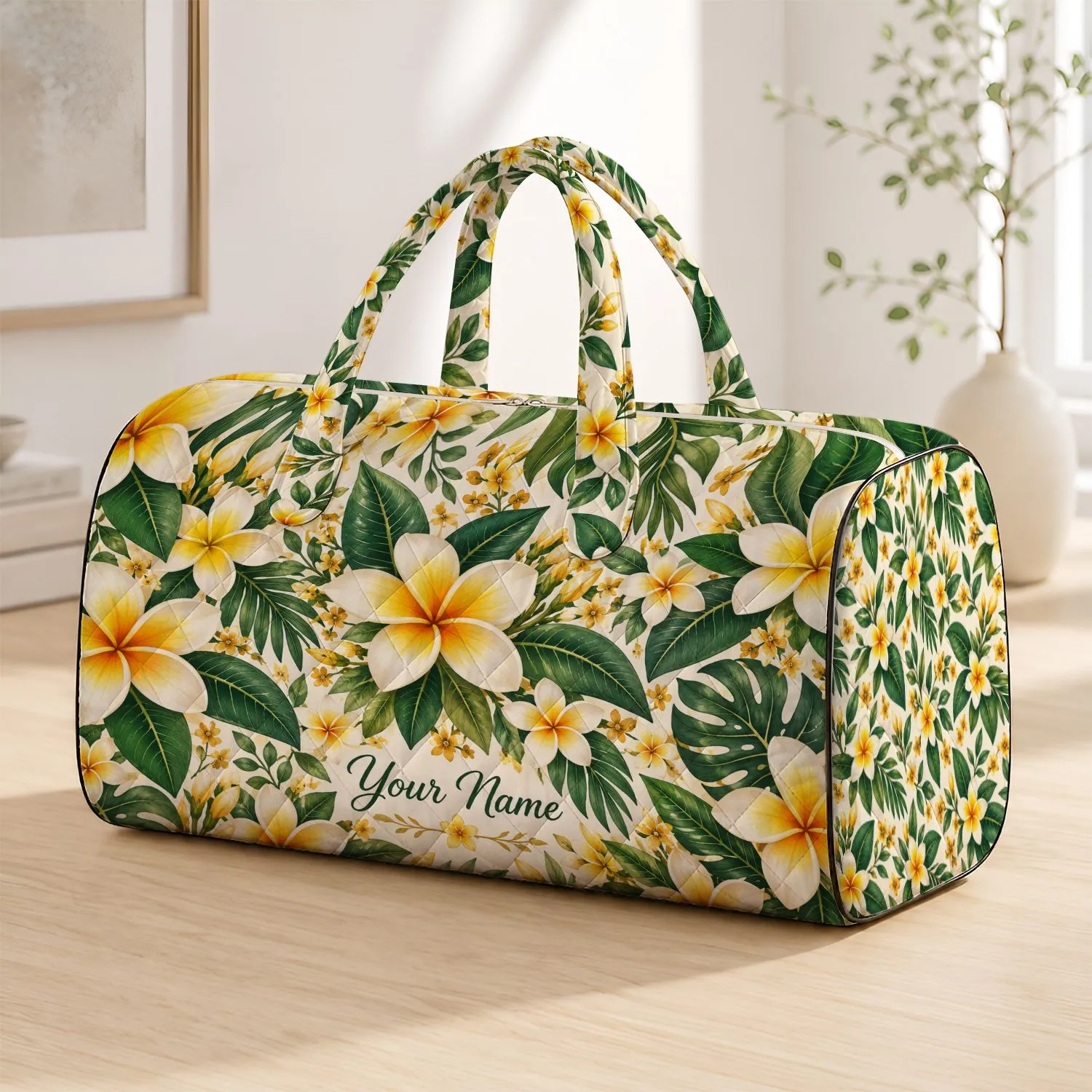 Cream Plumeria Flowers and Green Leaves for Sunny Beach Trips and Relaxed Vacations Quilted Weekend Bag - 1