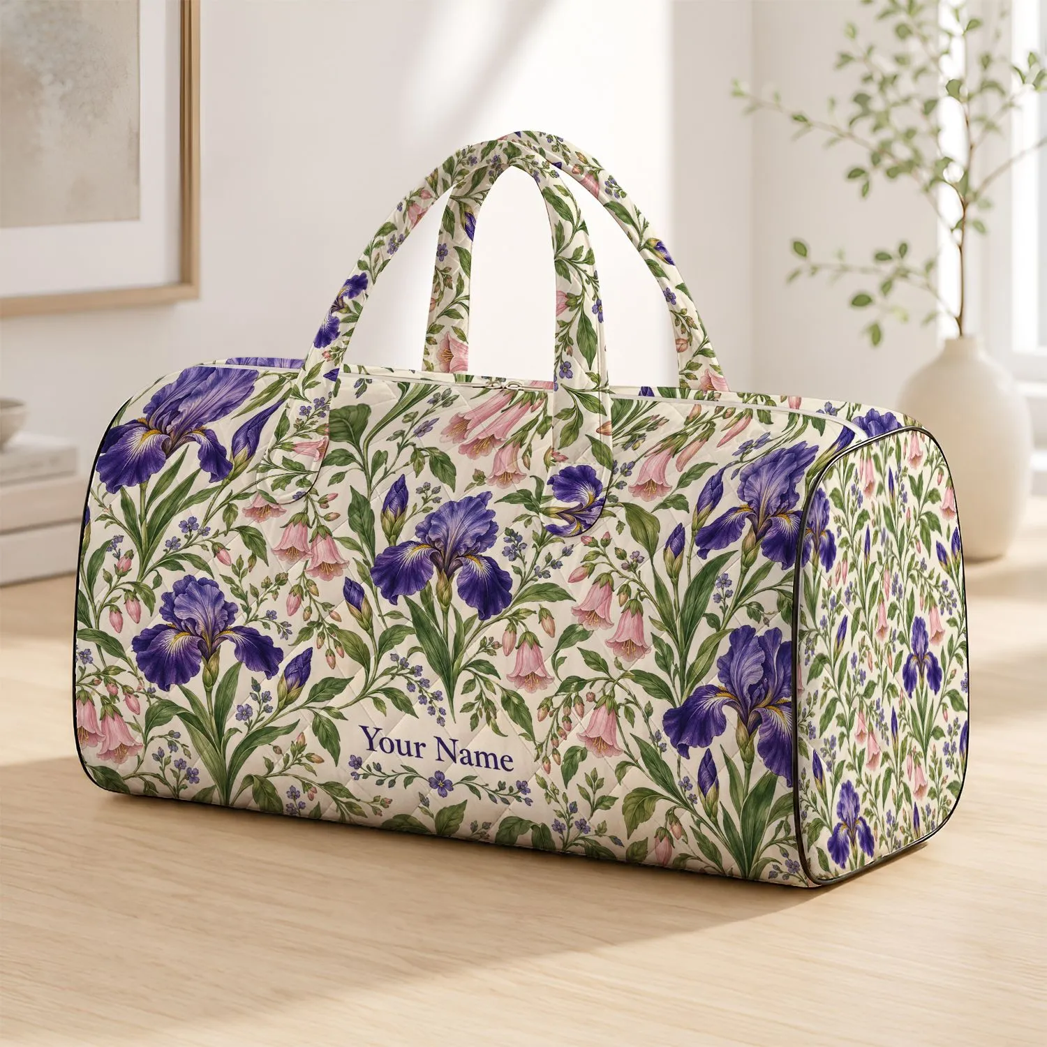 Purple Iris and Pink Bellflower Botanicals for Garden Getaways and Relaxed Weekend Travel Quilted Weekend Bag - 1