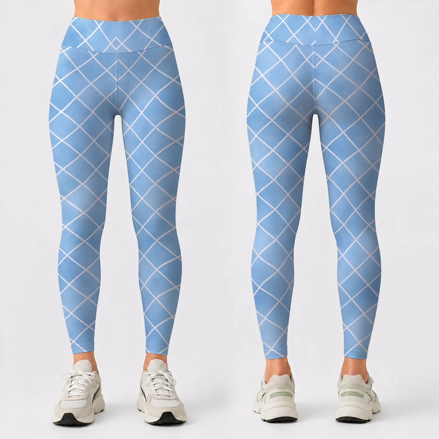Sky Blue White Diamond Checks for Yoga Pilates and Everyday Activewear Leggings - 1