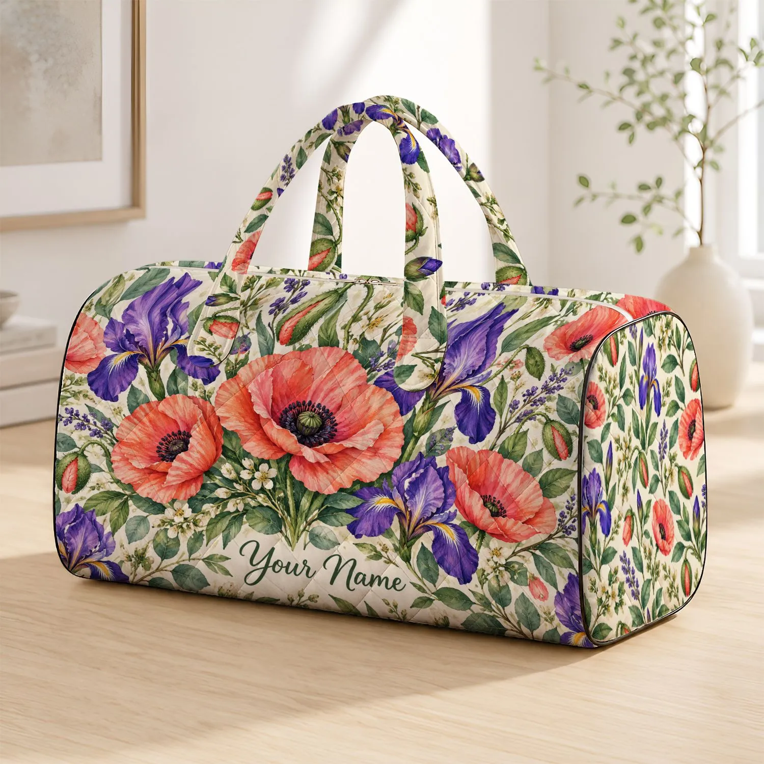 Coral Poppies and Violet Irises for Coastal Getaways and Weekend Escapes Quilted Weekend Bag - 1