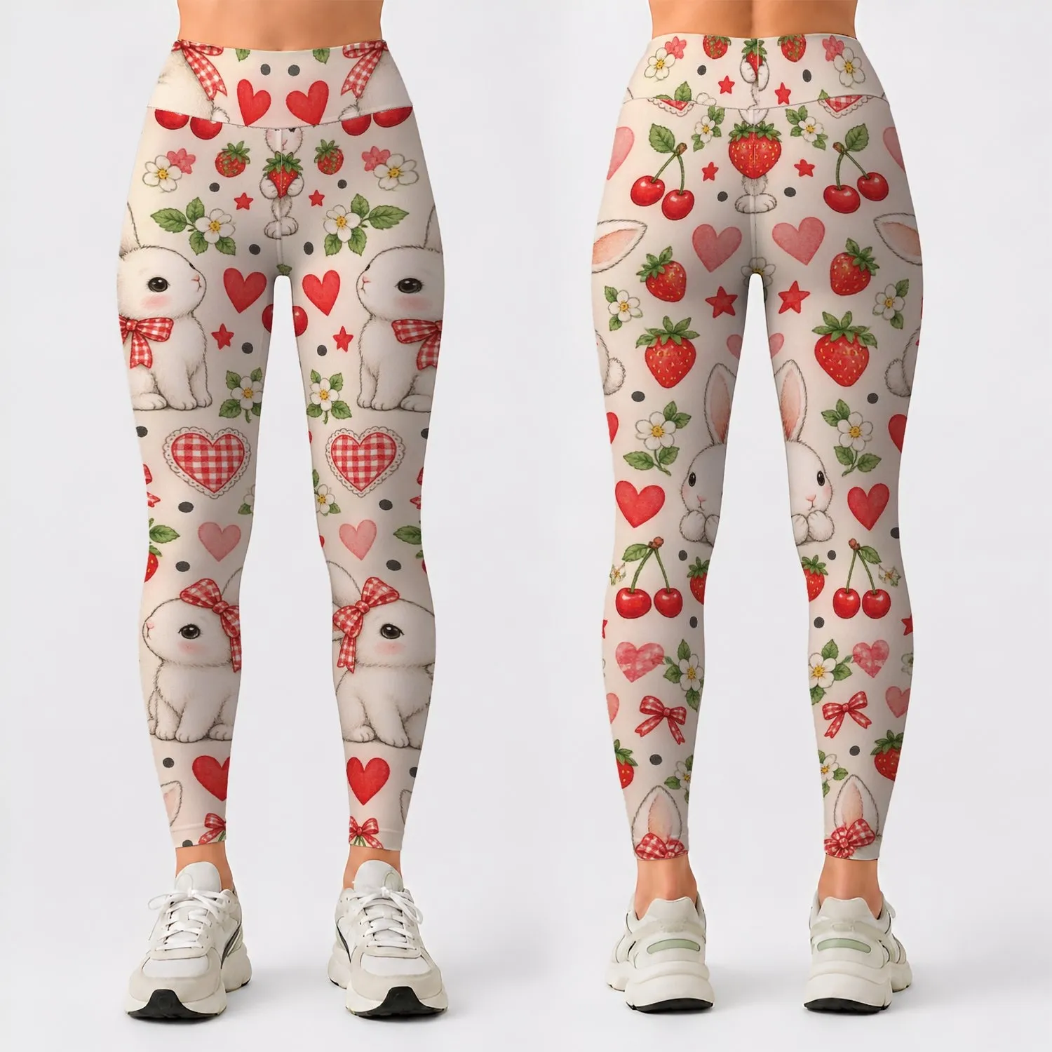 Cute Bunny Hearts And Strawberries For Yoga Pilates And Everyday Wear Leggings - 1