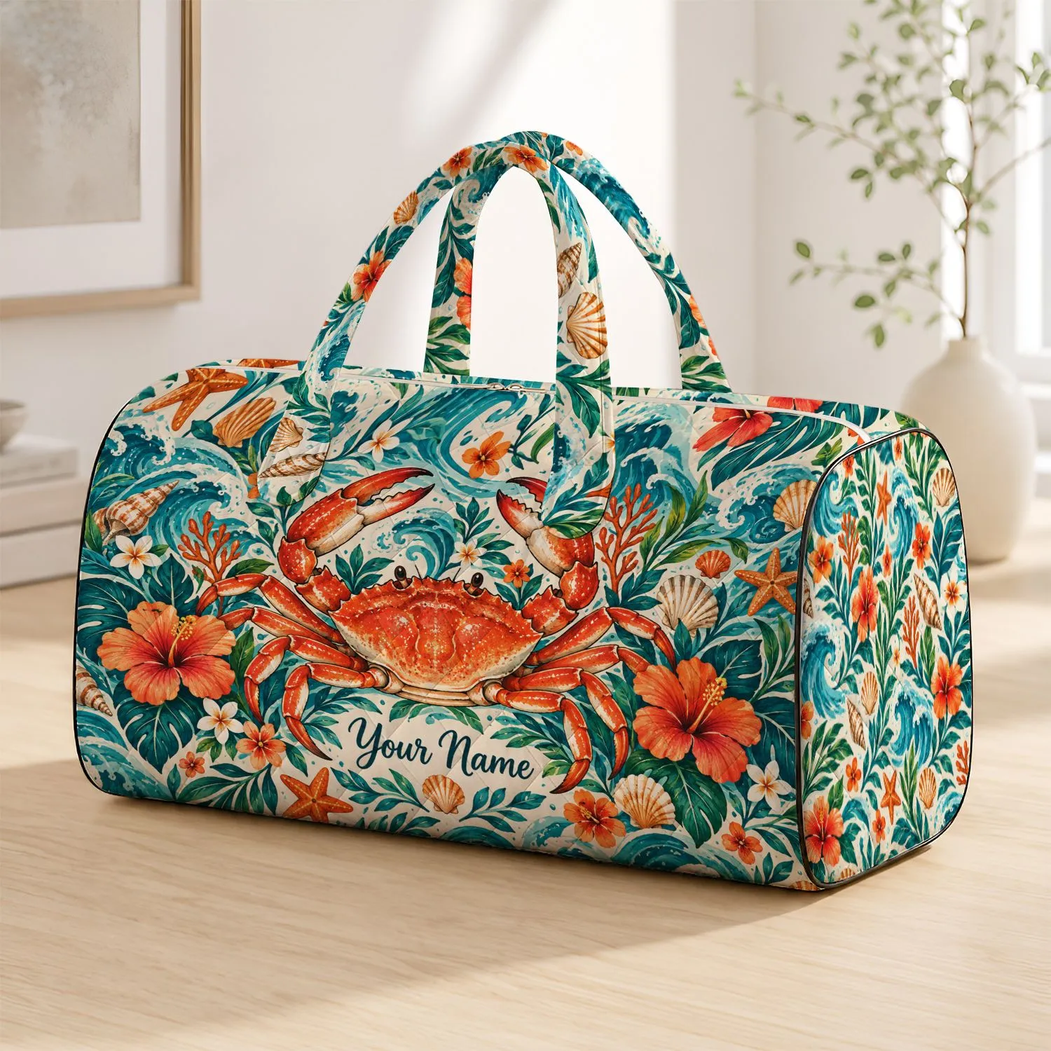 Coastal Crab and Wildflowers for Sunny Beach Days and Relaxed Summer Travel Getaways Quilted Weekend Bag - 1