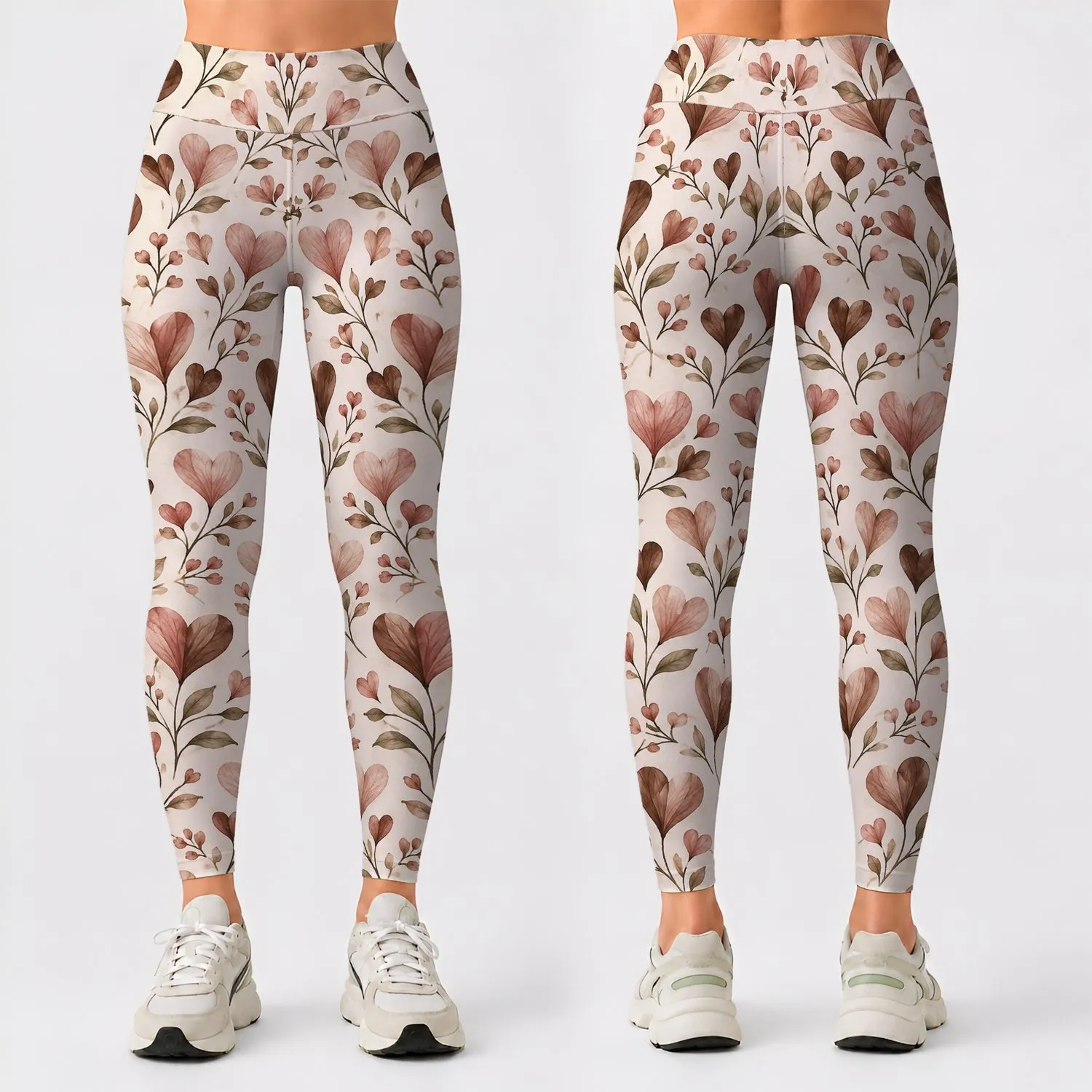 Taupe Floral Hearts for Yoga, Pilates and Everyday Casual Style Leggings - 1