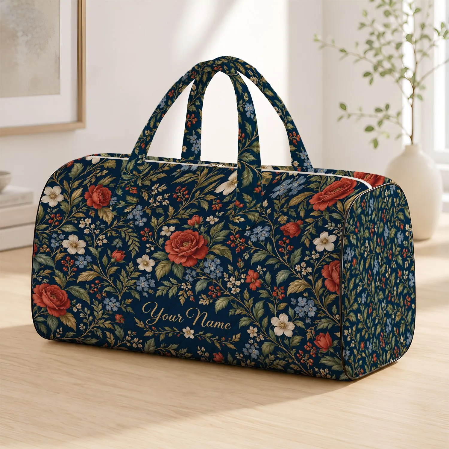 Navy Botanical Roses and Twining Vines for Relaxed Weekend Getaways and Leisure Travel Quilted Weekend Bag - 1
