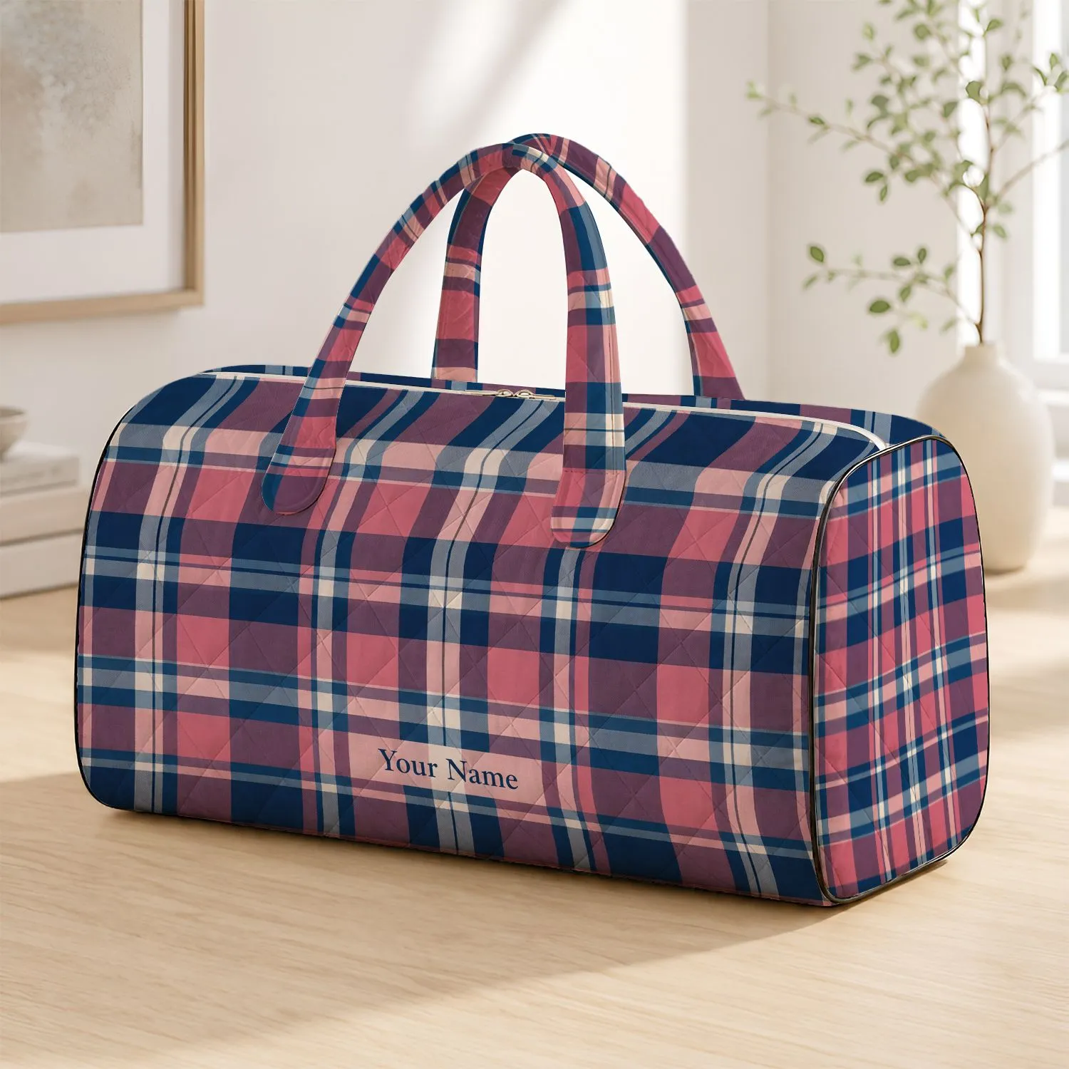 Pink Navy Plaid Checks for Relaxed Beach Days and Easy Weekend Getaways for Travelers Quilted Weekend Bag - 1