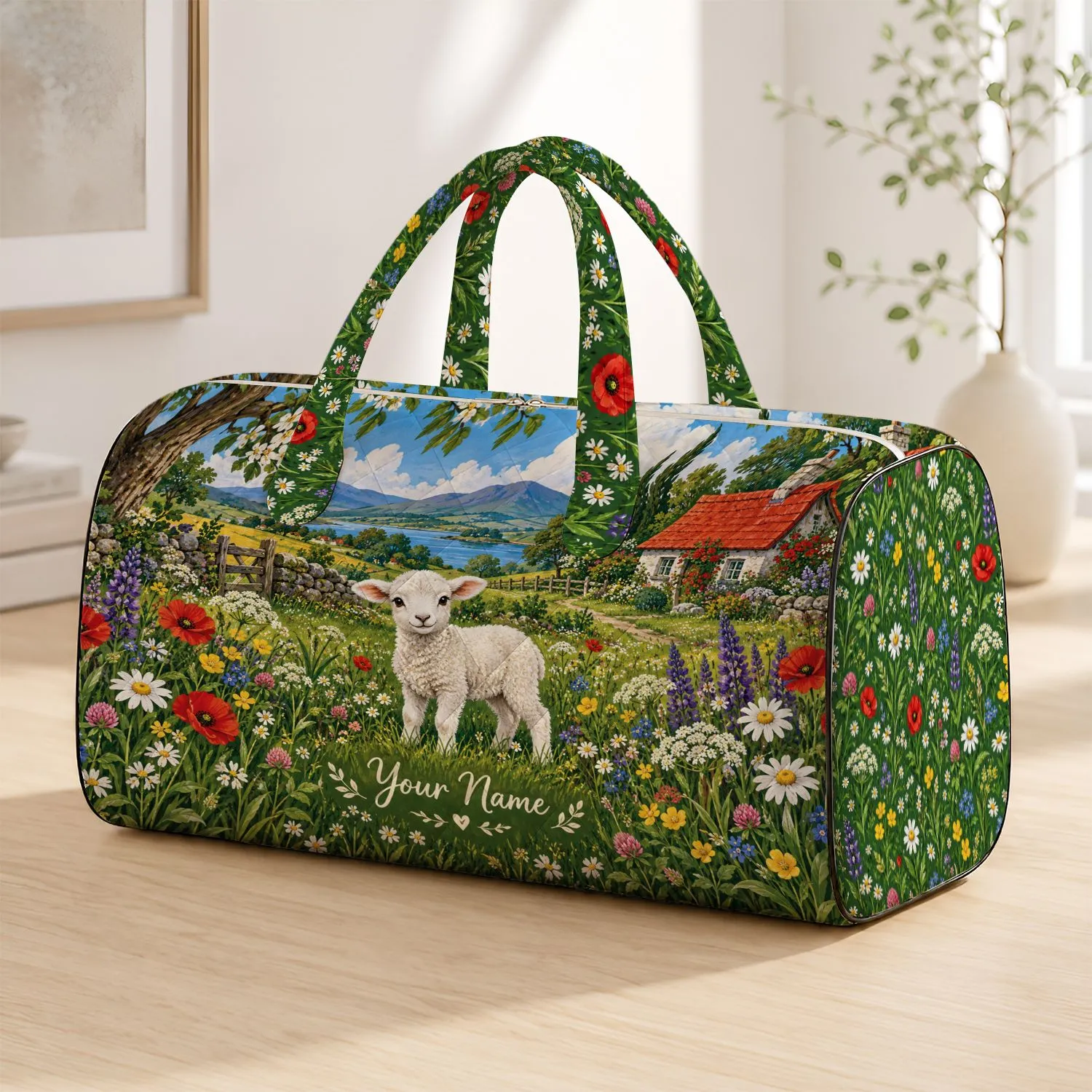 Meadow Lamb, Cottage and Wildflowers for Countryside Getaways and Garden Escape Trips Quilted Weekend Bag - 1