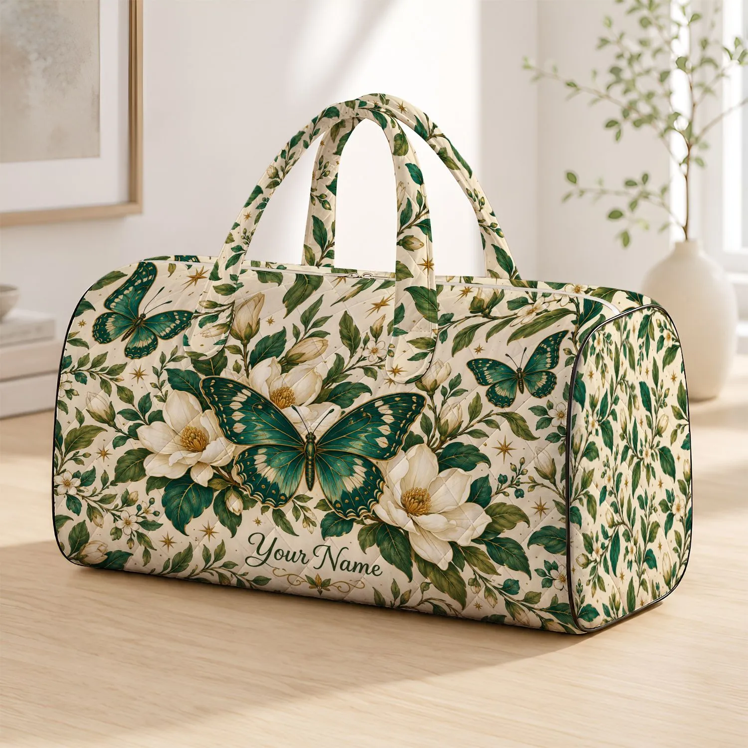 Teal Butterflies and Ivory Blooms for Bohemian Getaways and Garden-Loving Travelers Quilted Weekend Bag - 1