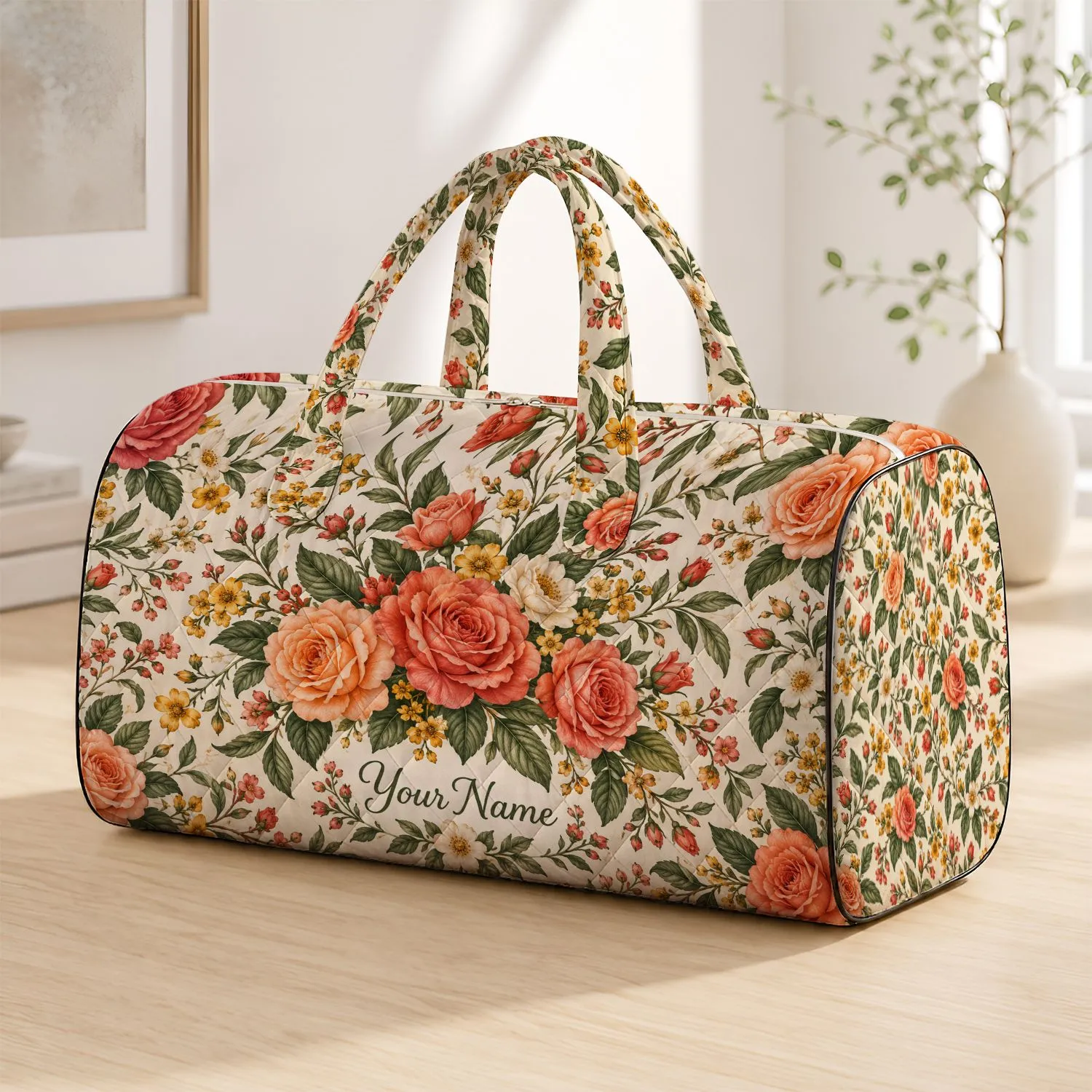 Coral Rose and Wildflower Botanical Art for Romantic Weekend Getaways Quilted Weekend Bag - 1