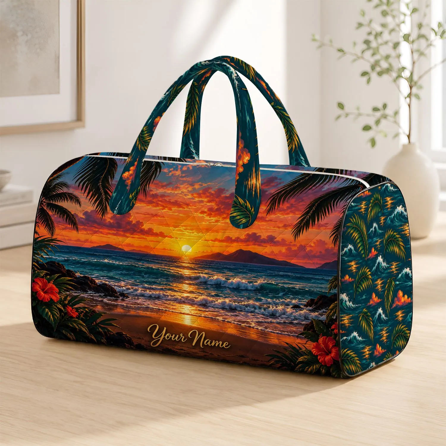 Tropical Sunset Palm Beach Scene for Relaxed Coastal Getaways and Summer Travel Escapes Quilted Weekend Bag - 1