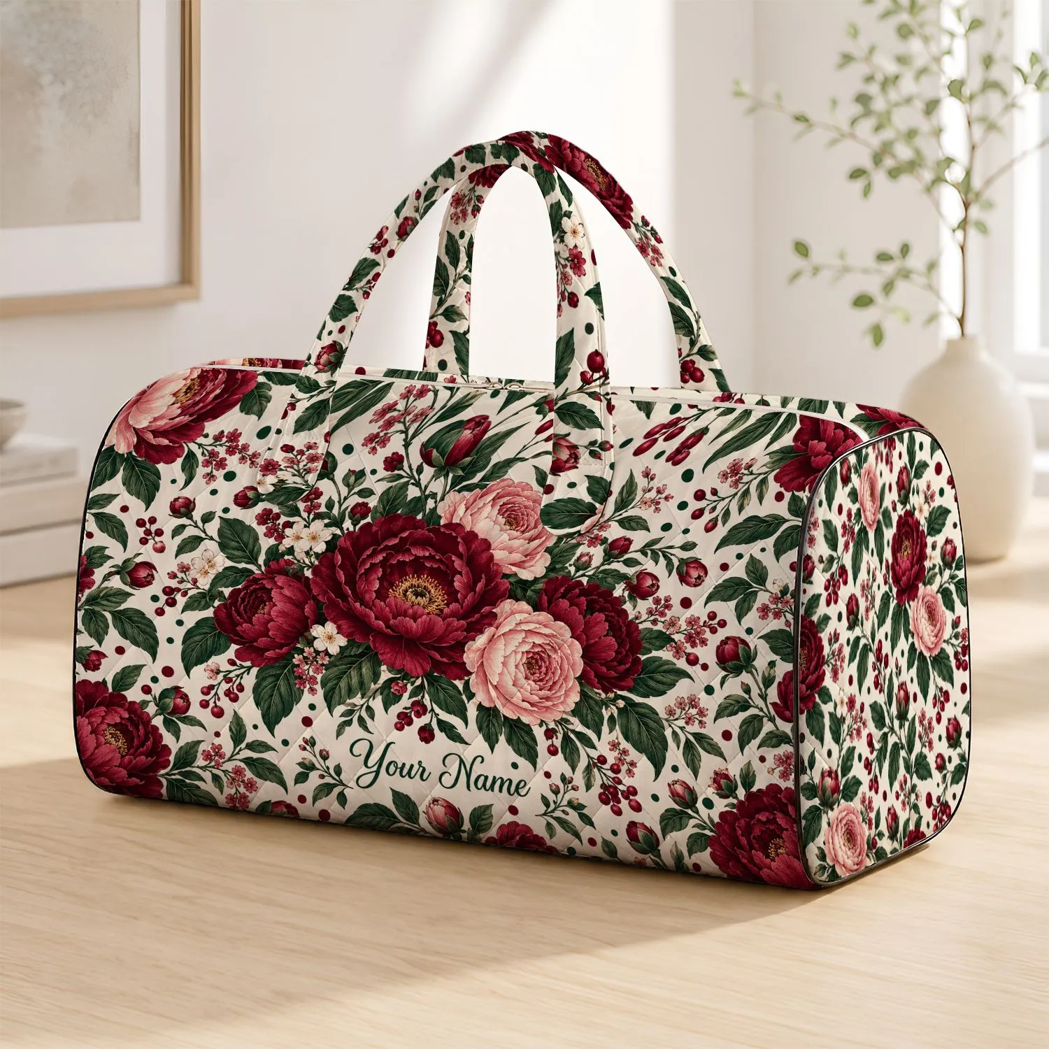 Burgundy Peonies and Emerald Dots for Coastal Getaways and Relaxed Weekend Escapes Quilted Weekend Bag - 1