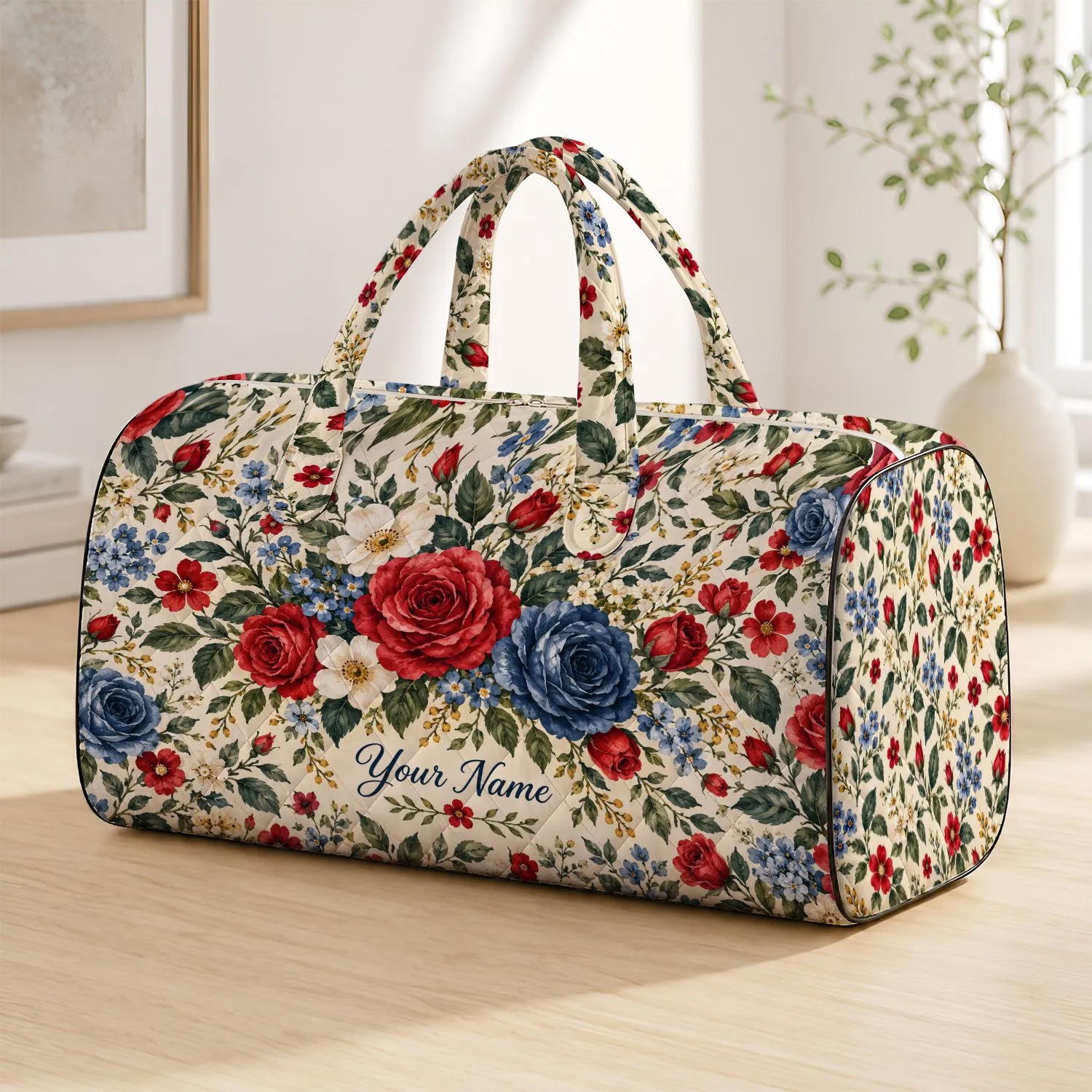 Red And Blue Garden Florals For Relaxed Weekend Escapes And Sunlit Resort Getaways Quilted Weekend Bag - 1