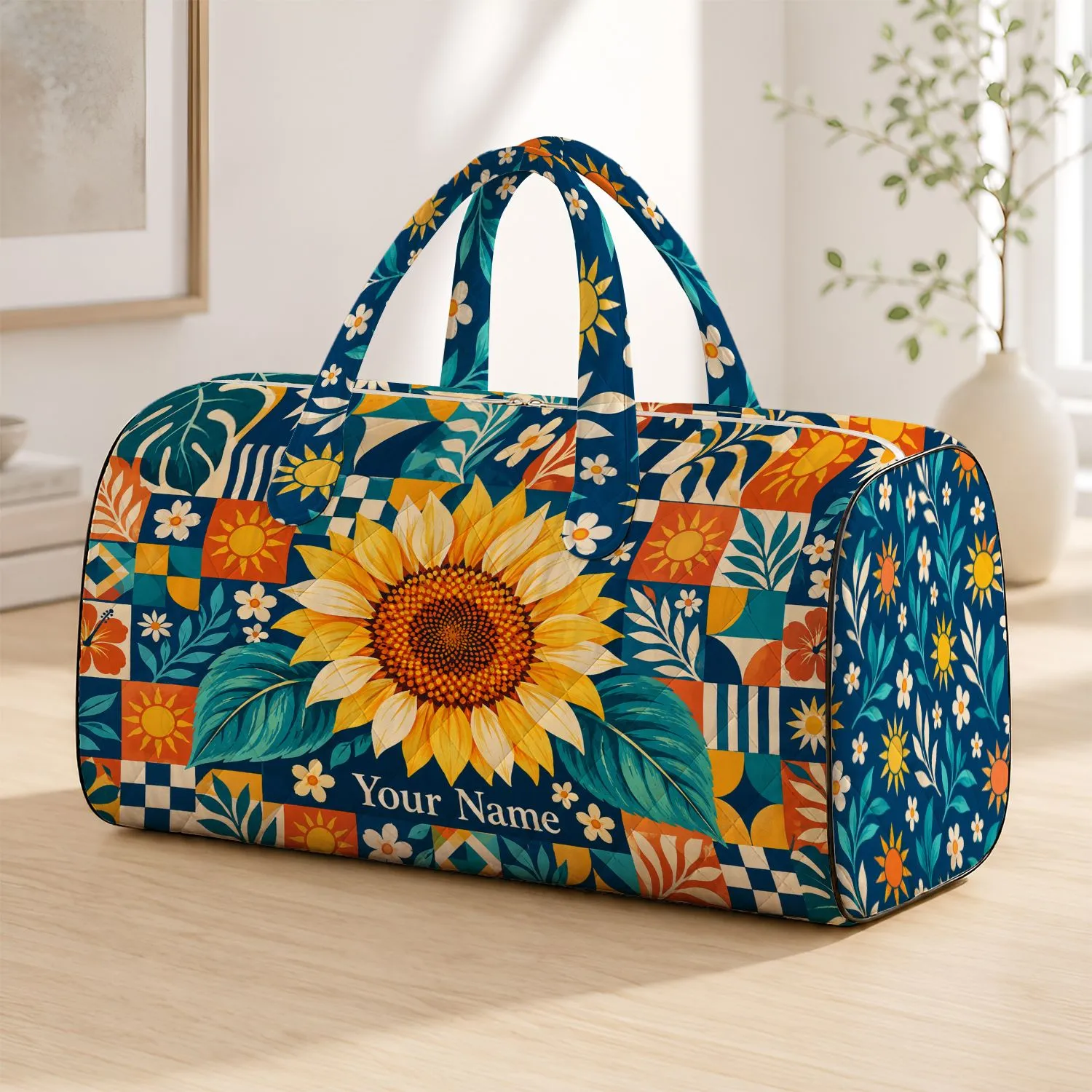 Bold Sunflower and Coastal Patchwork for Sunny Beach Days and Relaxed Summer Getaways Quilted Weekend Bag - 1