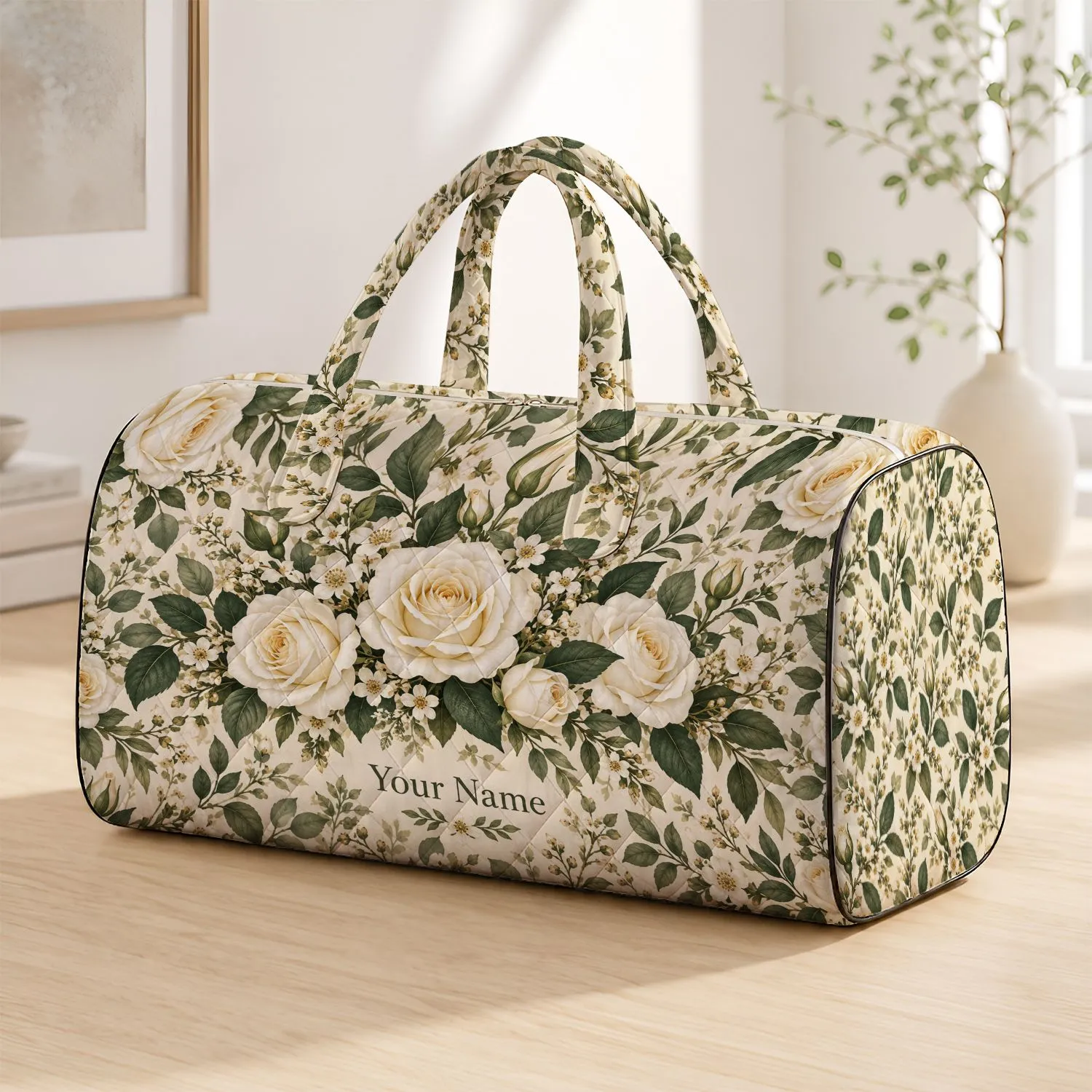 Ivory Rose And Sage Botanical Blooms For Garden Getaways And Relaxed Travel Days Quilted Weekend Bag - 1