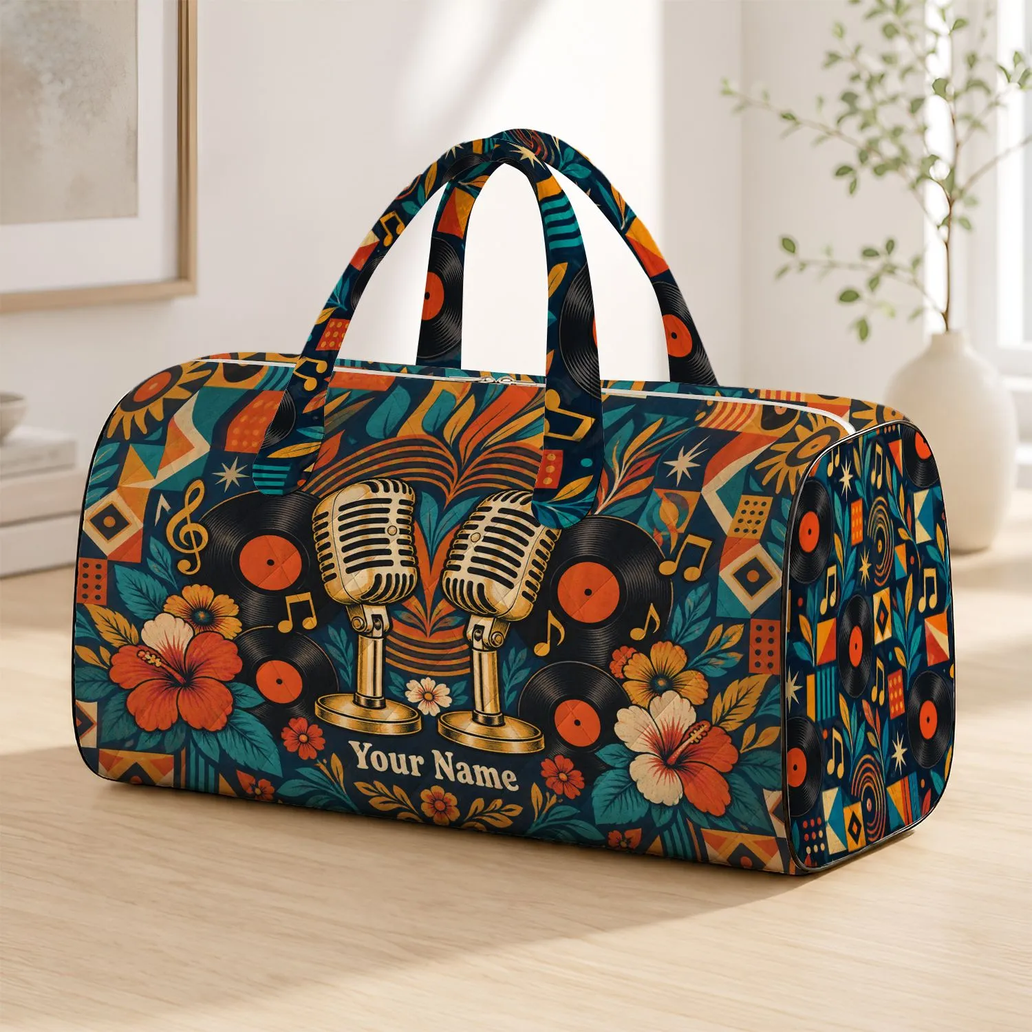 Retro Vinyl Records And Microphones For Music Festival Weekend Getaways Quilted Weekend Bag - 1