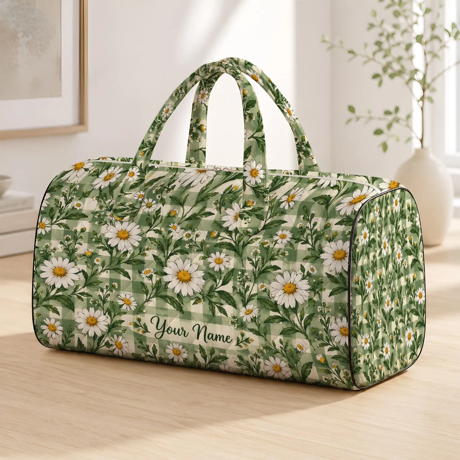 Sage Gingham Daisies for Cottage Getaways and Sunny Weekend Travel Adventures Quilted Weekend Bag - 1