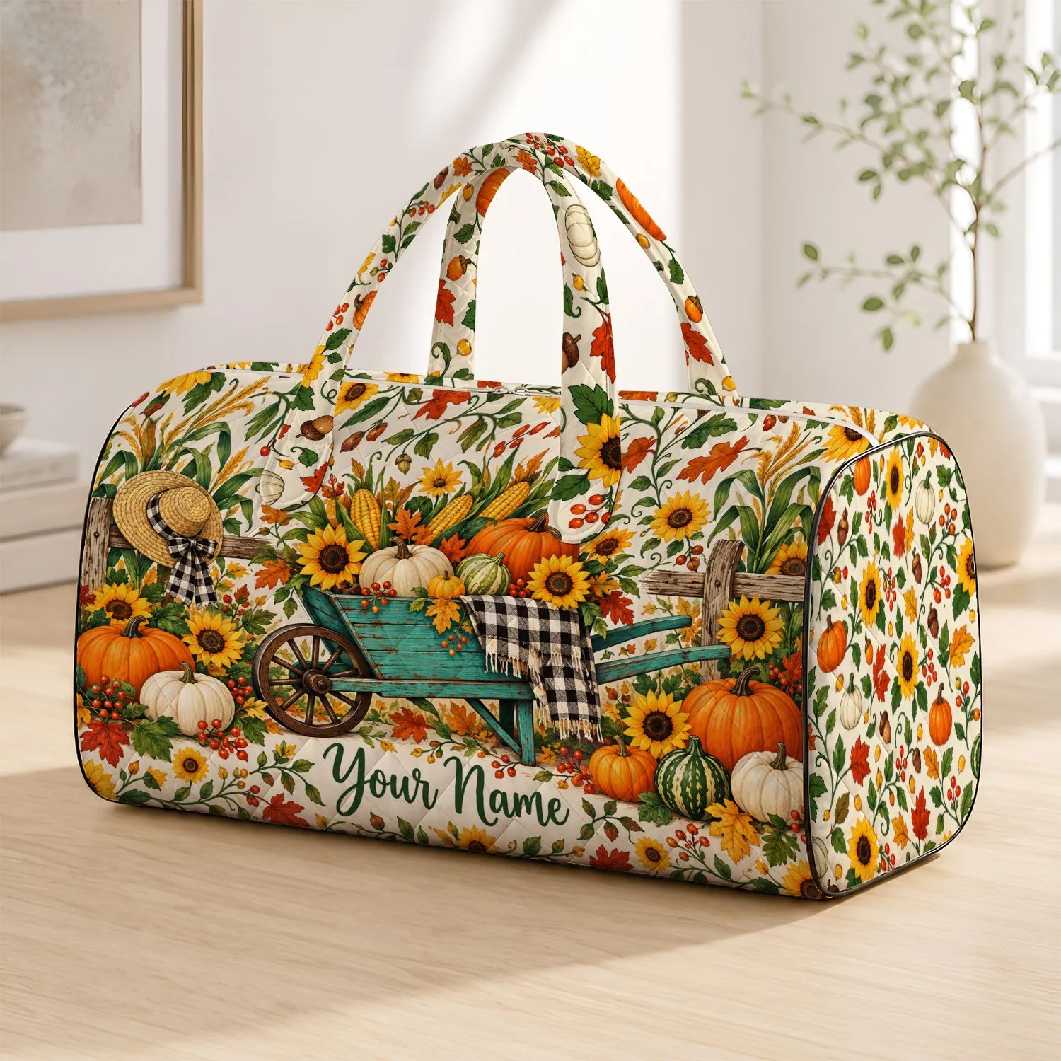 Sunflower Pumpkin Corn Harvest Scene for Autumn Getaways and Weekend Adventures Quilted Weekend Bag - 1