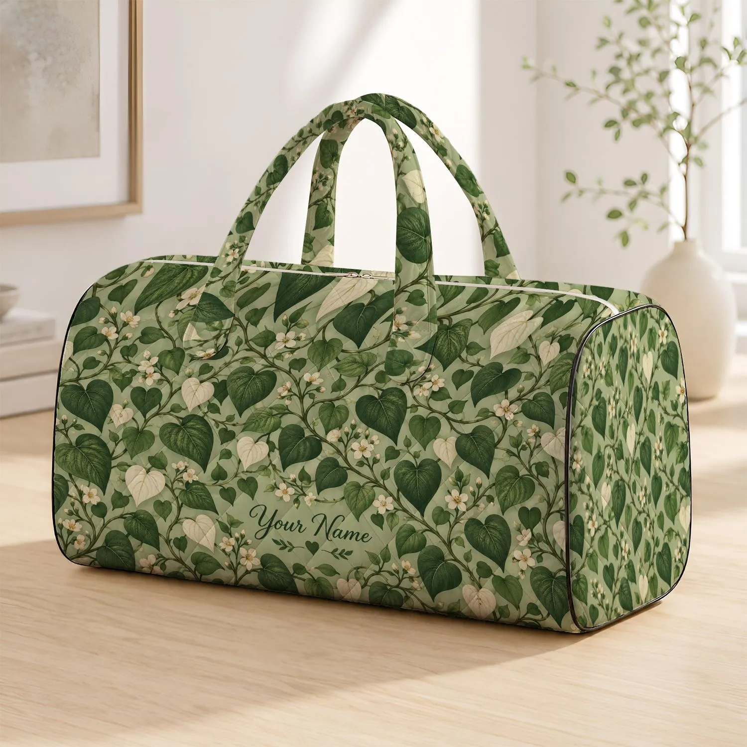 Sage Green Heart Leaf Vines for Peaceful Woodland Getaways and Weekend Travel Quilted Weekend Bag - 1