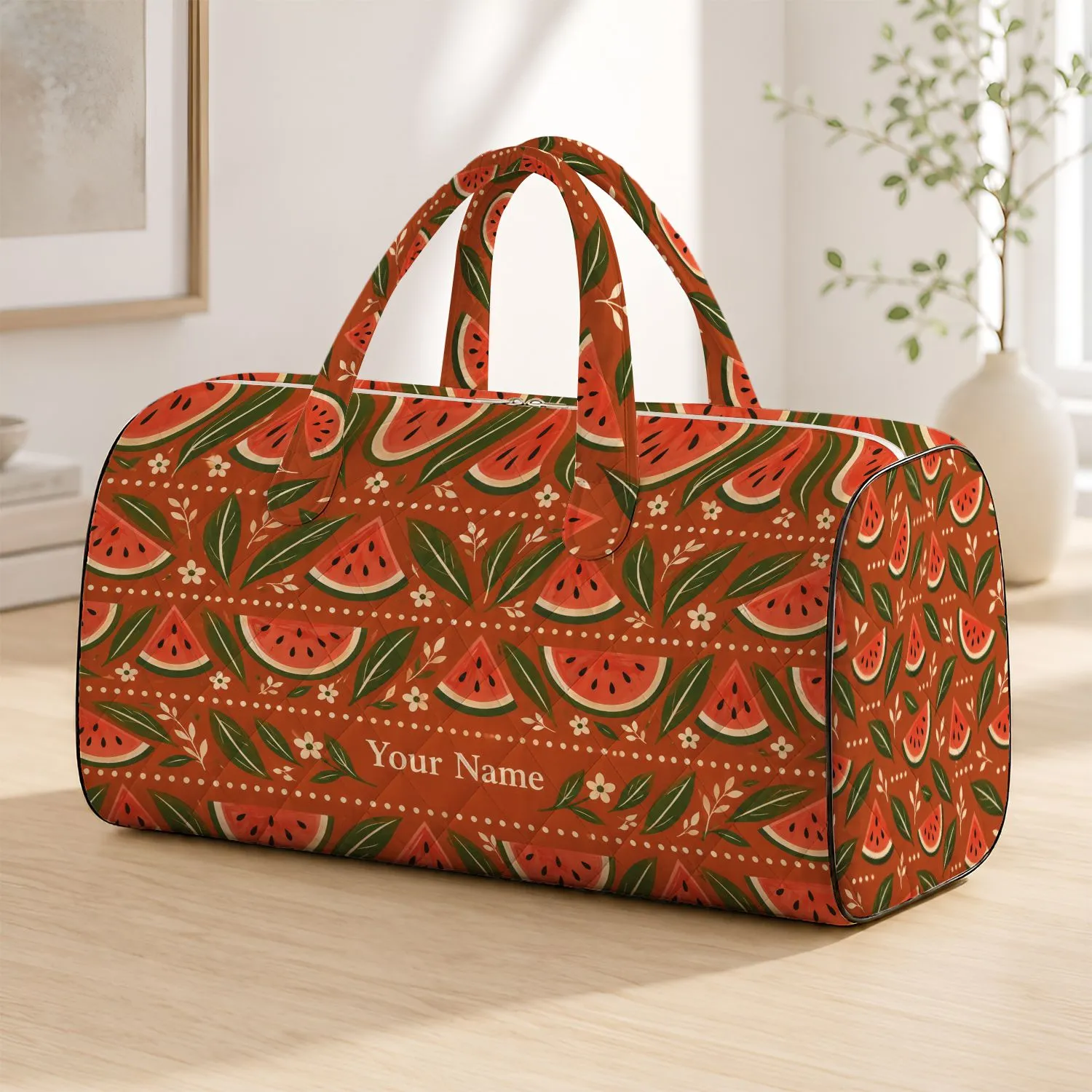 Terracotta Watermelon and Olive Leaf Rows for Sunny Summer Getaways and Picnic Escapes Quilted Weekend Bag - 1