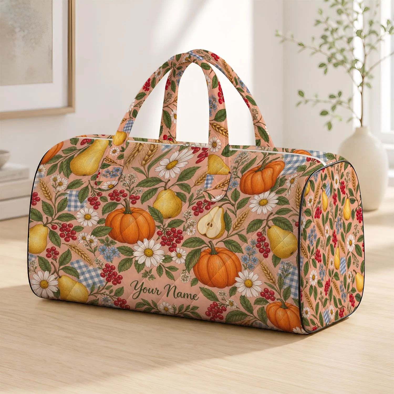 Pear Berry Daisy Orchard Picnic Motifs for Cozy Autumn Getaways and Countryside Escapes Quilted Weekend Bag - 1