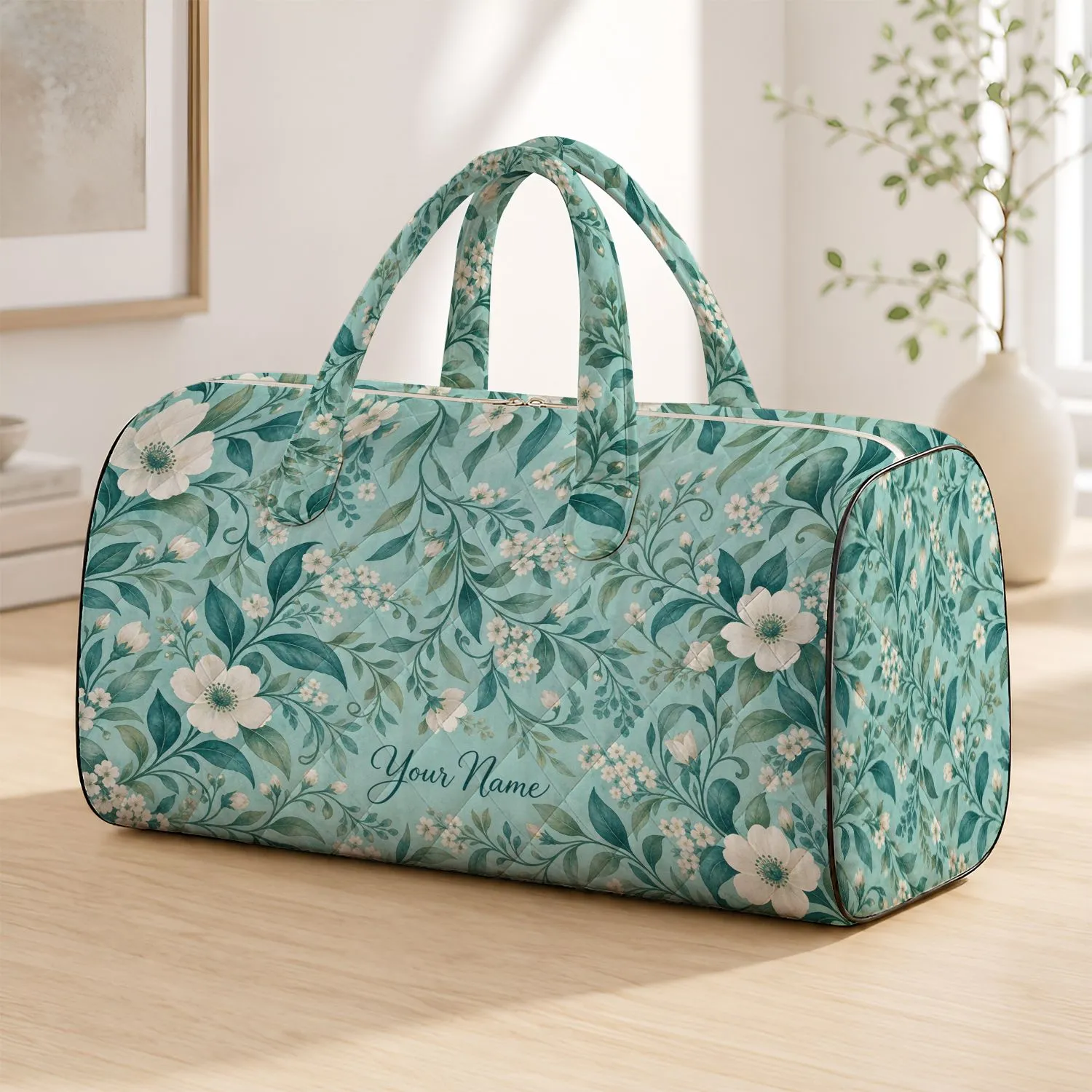 Seafoam Vine And Tiny Bloom Motifs For Breezy Coastal Getaways And Weekend Escapes Quilted Weekend Bag - 1