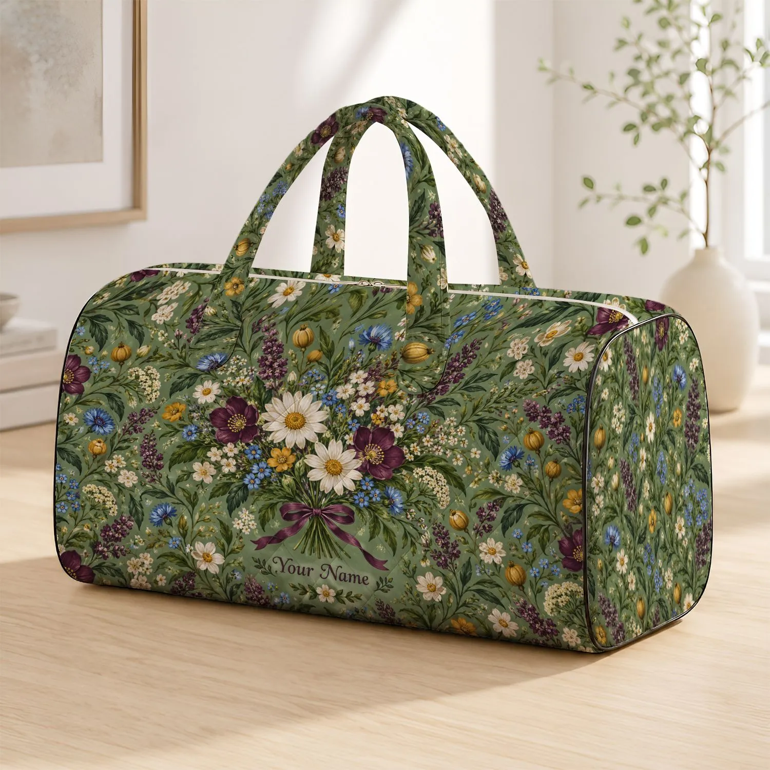 Sage Botanical Florals for Alpine Weekend Getaways and Relaxed Travel Escapes Outdoors Quilted Weekend Bag - 1