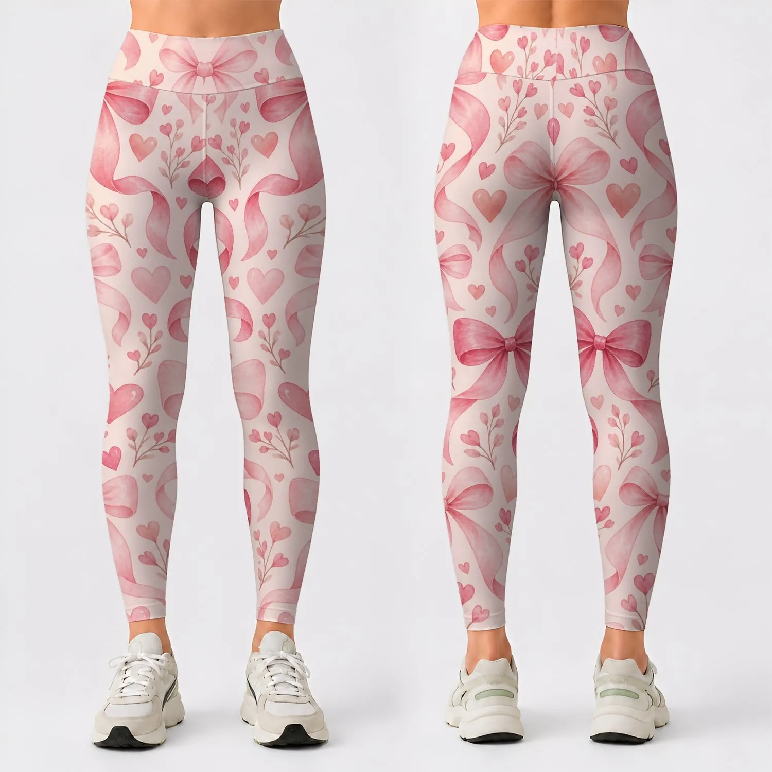 Blush Ribbon Bows and Hearts for Yoga, Pilates, and Everyday Romance Leggings - 1