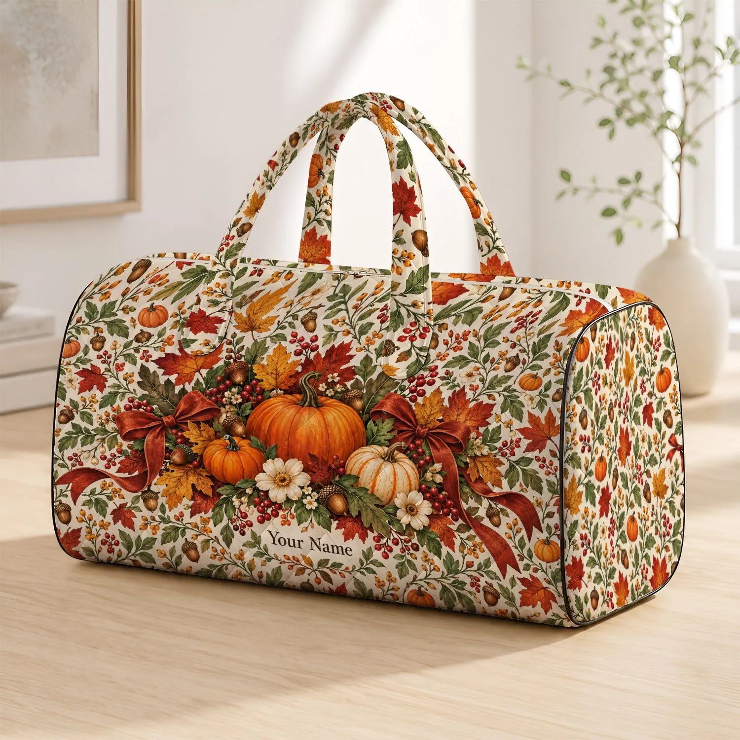 Folk Pumpkin Maple Leaves And Acorns For Cozy Autumn Weekend Getaways Quilted Weekend Bag - 1