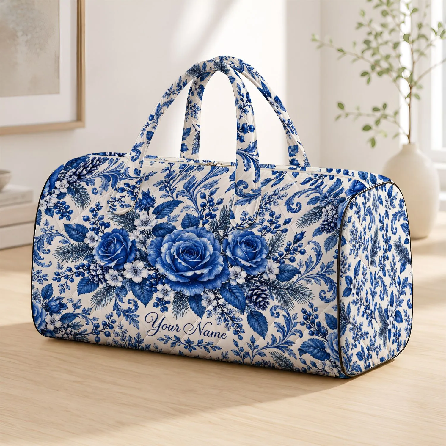 Cobalt Blue Rose And Snowy Pine Florals For Elegant Weekend Escapes And Holiday Travel Quilted Weekend Bag - 1