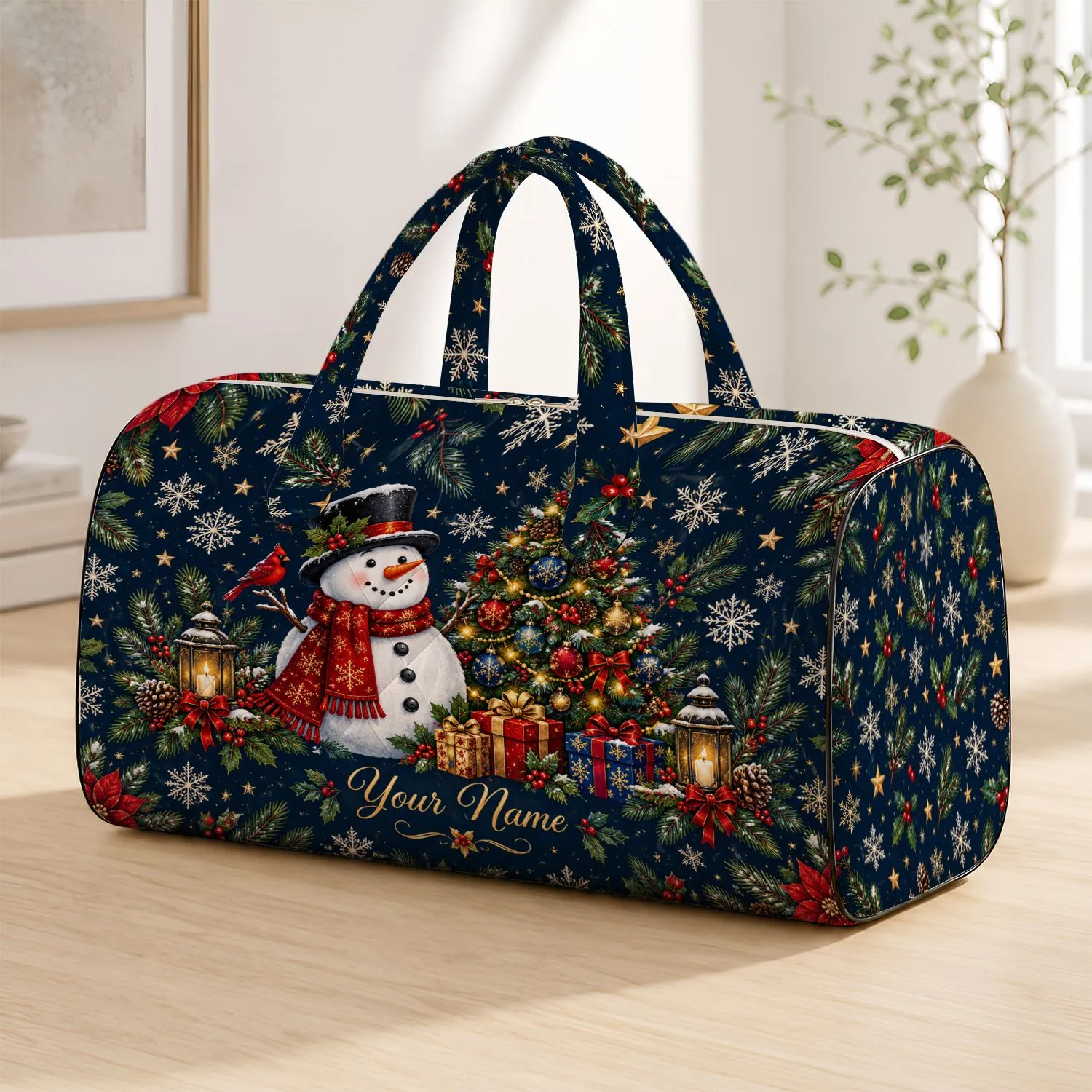 Smiling Snowman And Decorated Christmas Tree For Cozy Winter Holiday Travel Days Quilted Weekend Bag - 1