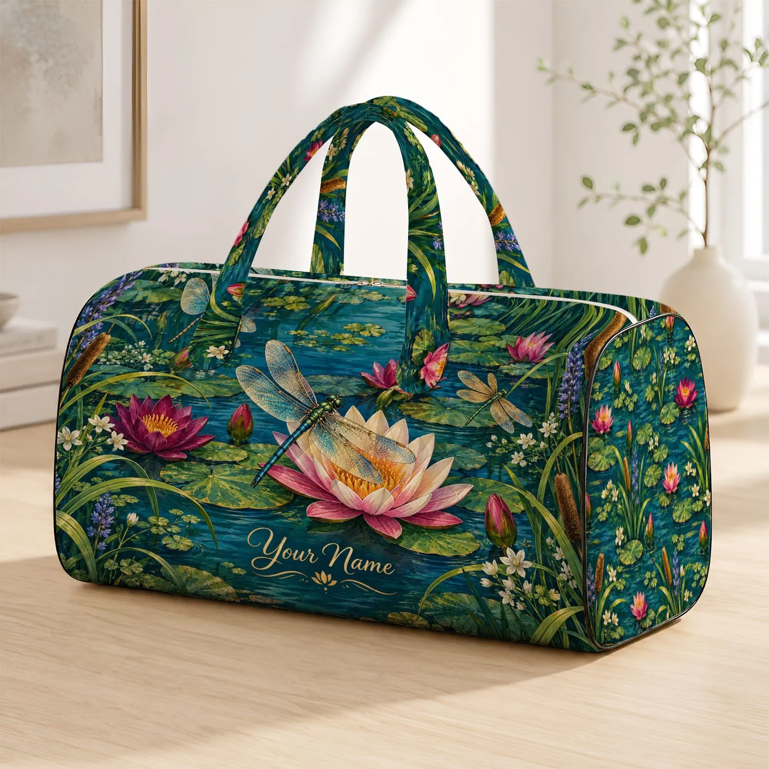 Water Lily Dragonflies and Lakeside Blooms for Serene Weekend Getaways and Nature Lovers Quilted Weekend Bag - 1