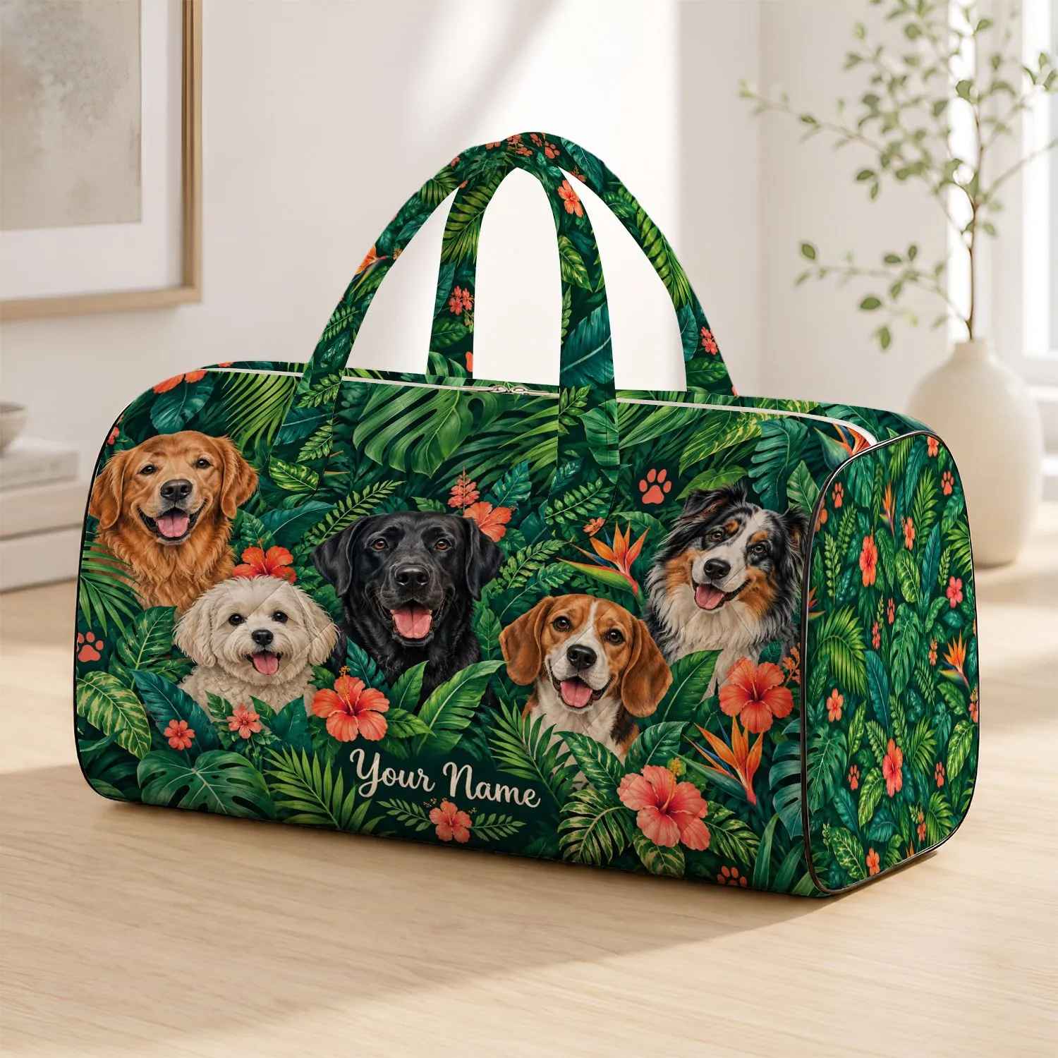 Jungle Dog Portraits with Tropical Flowers for Beach Days and Weekend Travel Getaways Quilted Weekend Bag - 1