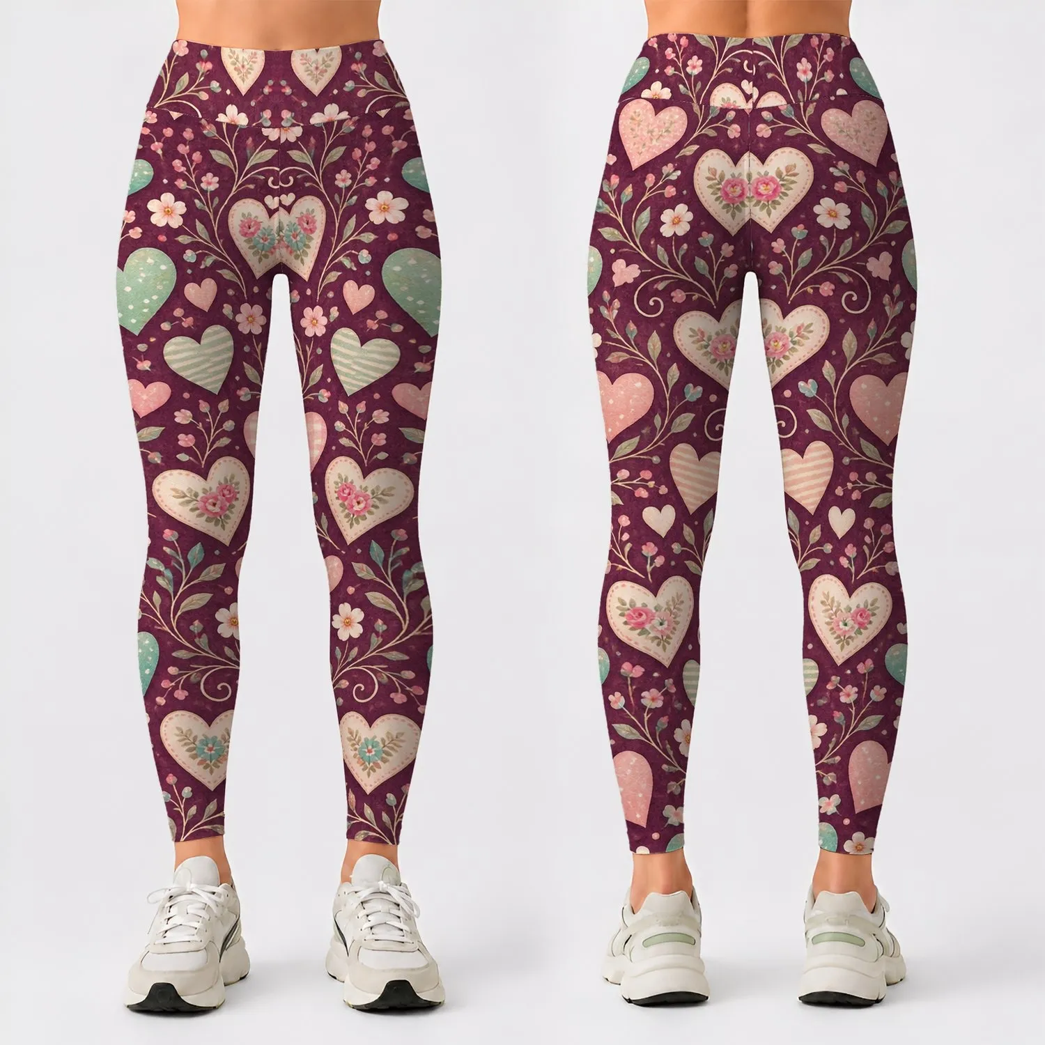 Mint Peach Heart Scatter for Yoga, Pilates, and Everyday Casual Outings Leggings - 1